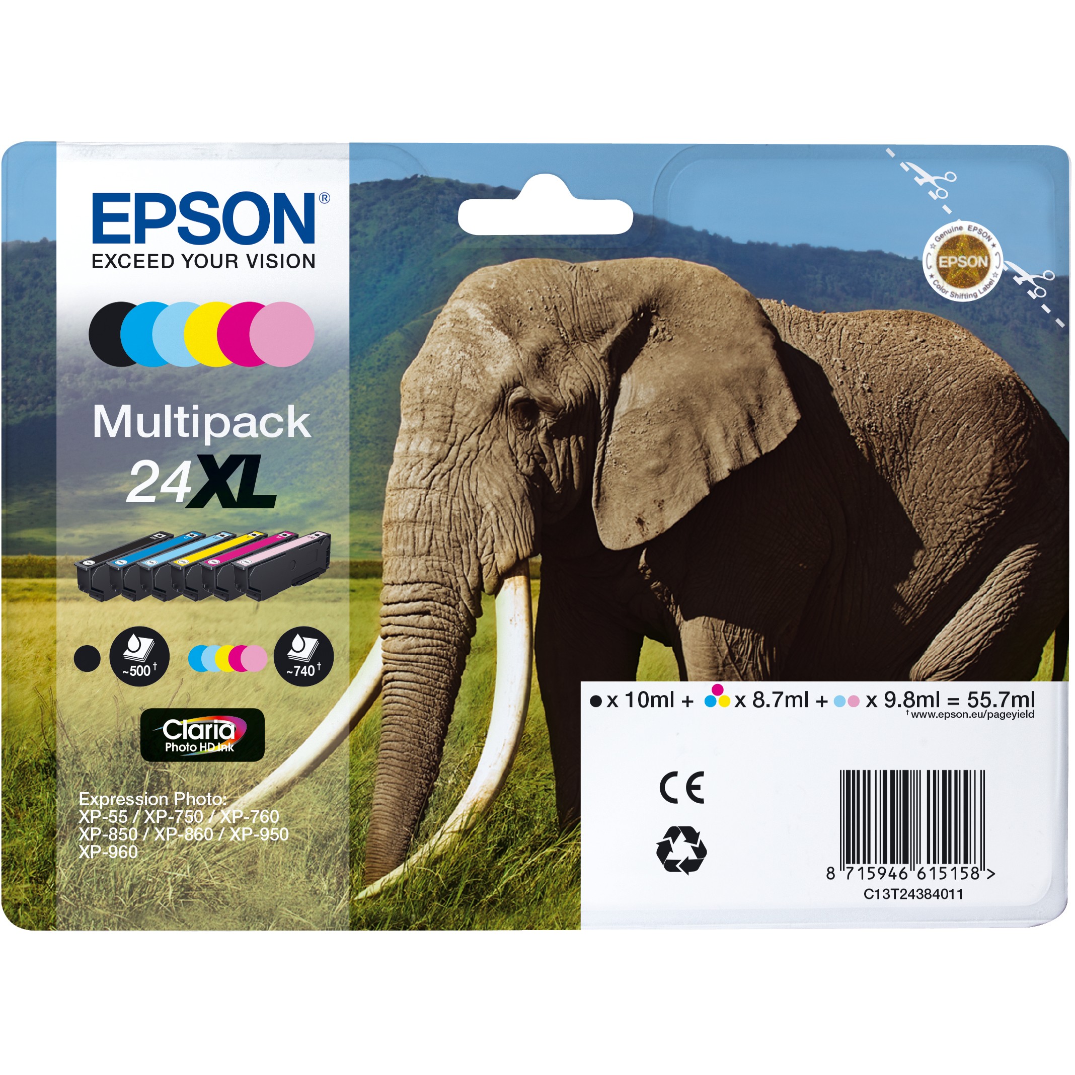 Epson Tinte 24XL C13T24384011 6er Multipack (BKMCY/Hellmagenta/Hellcyan) bis zu 740 Seiten