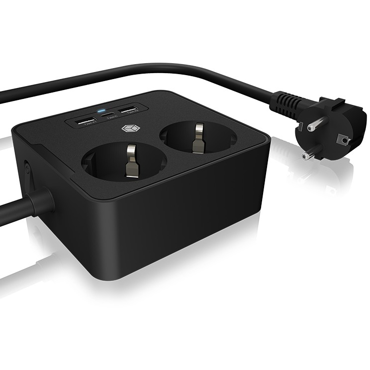 Steckdosenleiste Doppelsteckdose + 2x USB-Port ICY BOX Black