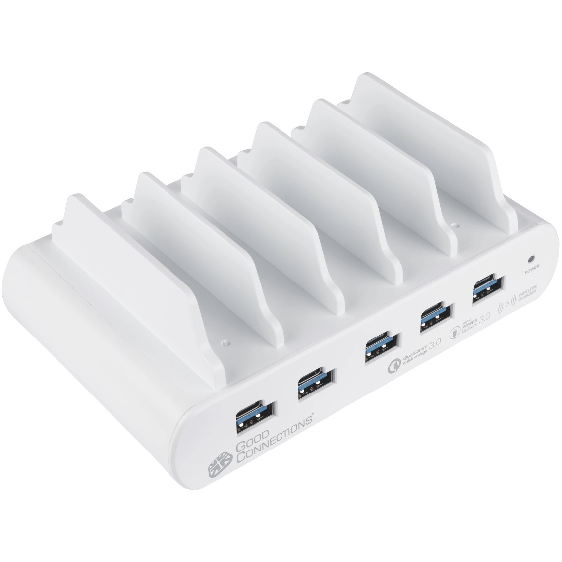 GoodConnections USB Desktop Schnellladestation 110W 10-Port 5xUSB-C/5xUSB-A QC3.0 Weiß