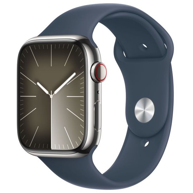Apple Watch S9 Edelstahl Cellular 45mm Silber (Sportarmband sturmblau) M/L