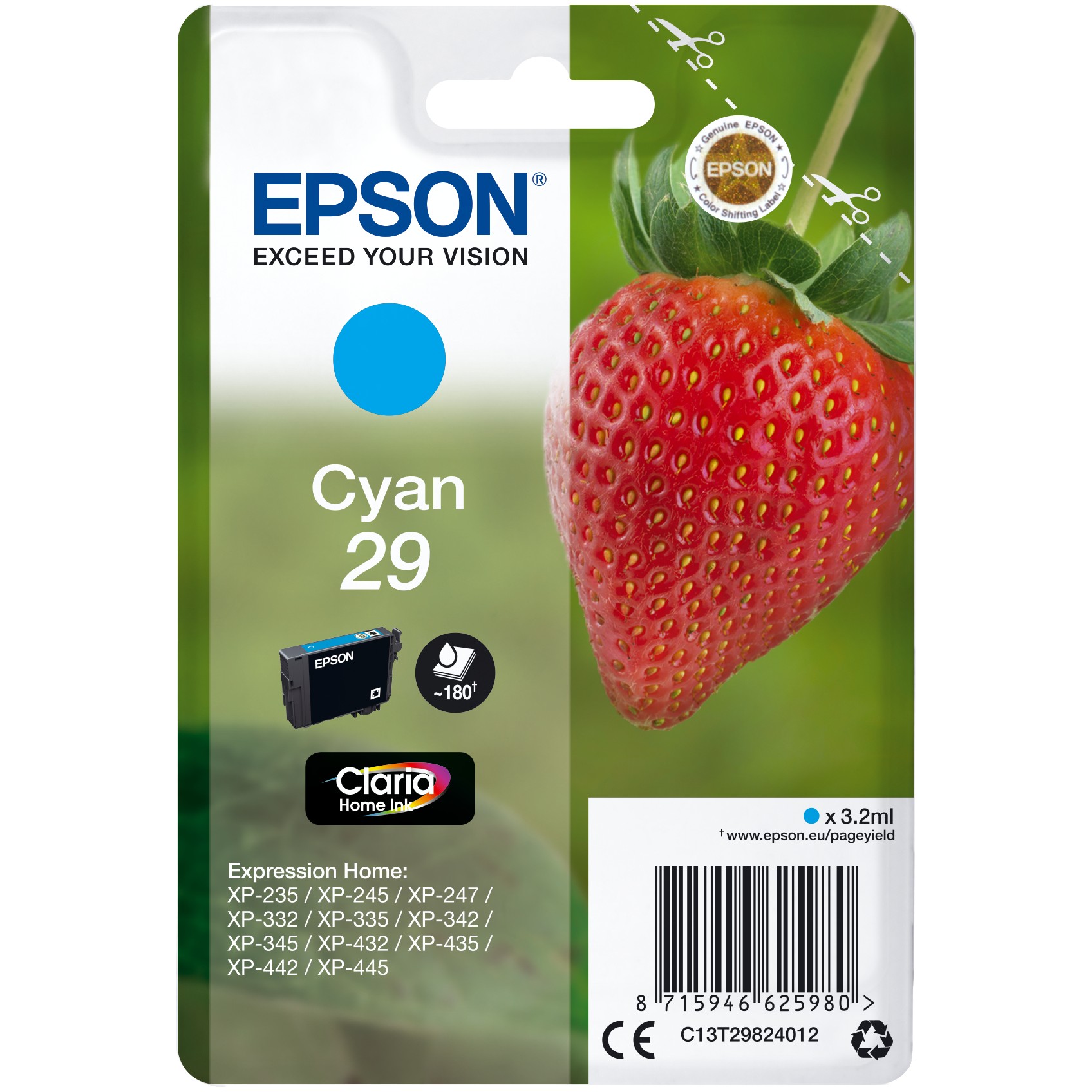 Epson Tinte 29 C13T29824012 Cyan bis zu 180 Seiten