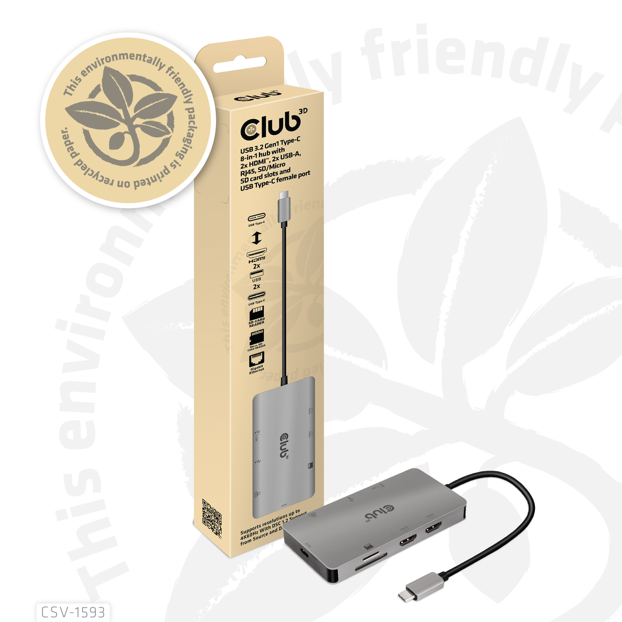 Club3D USB-C 8in1-HUB >2xHDMI/2xUSB/USB-C/LAN 4K60Hz PD100W