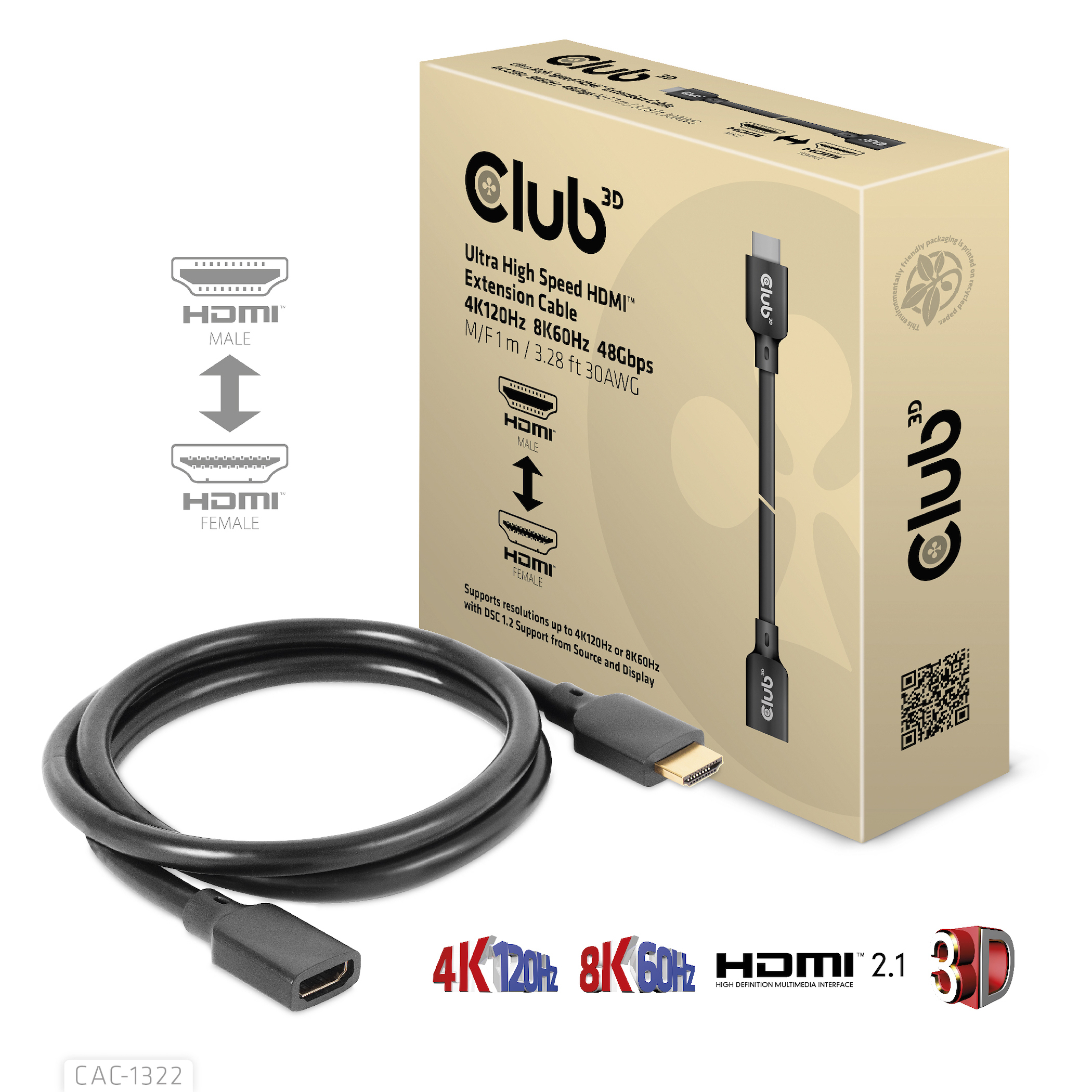 Club 3D Ultra High Speed HDMI Verlängerungskabel 4K120Hz 8K/60Hz St./B. 1m 30AWG
