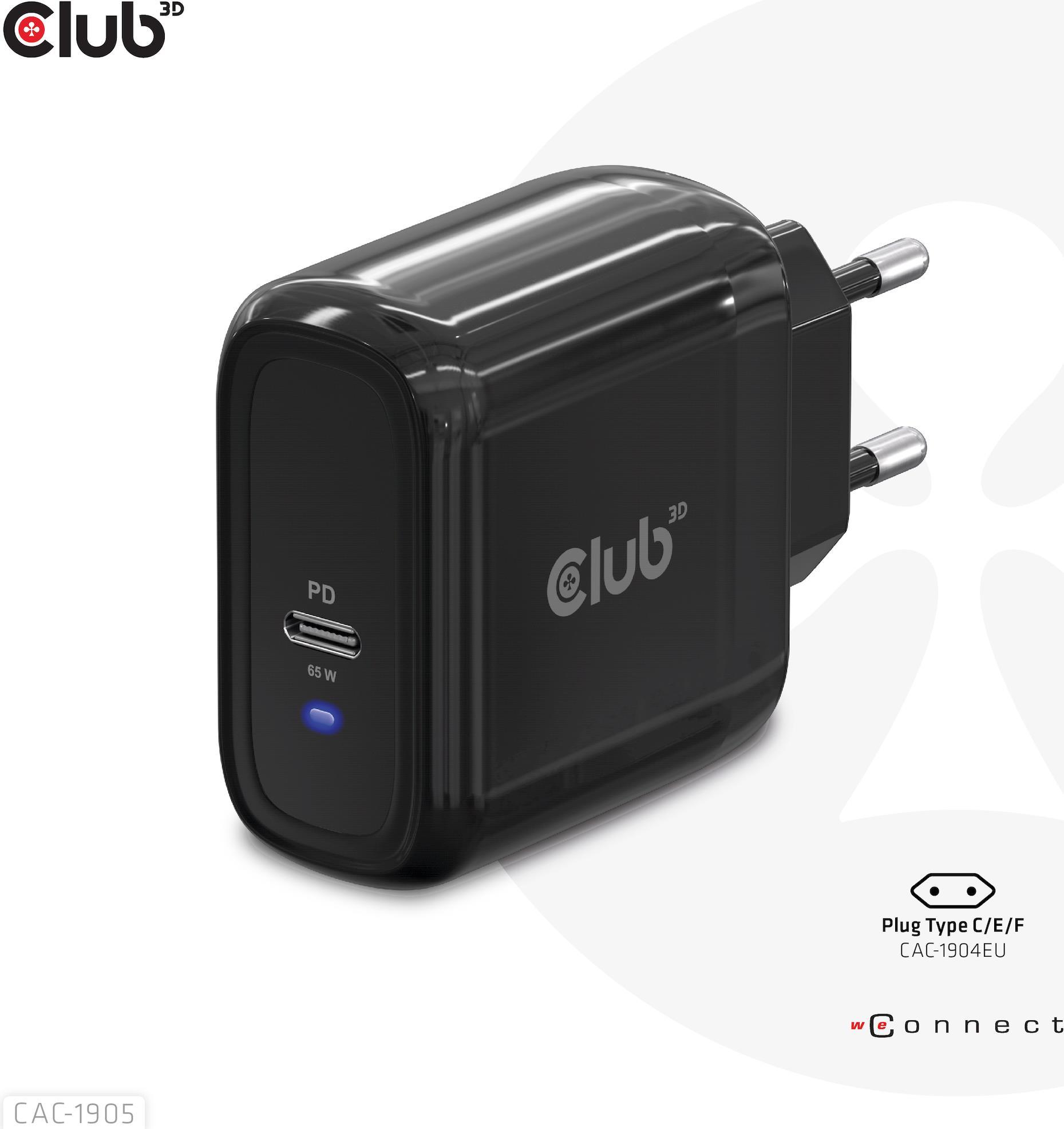 Club3D Ladegerät 1xUSB Typ C PD 65W. GaN retail