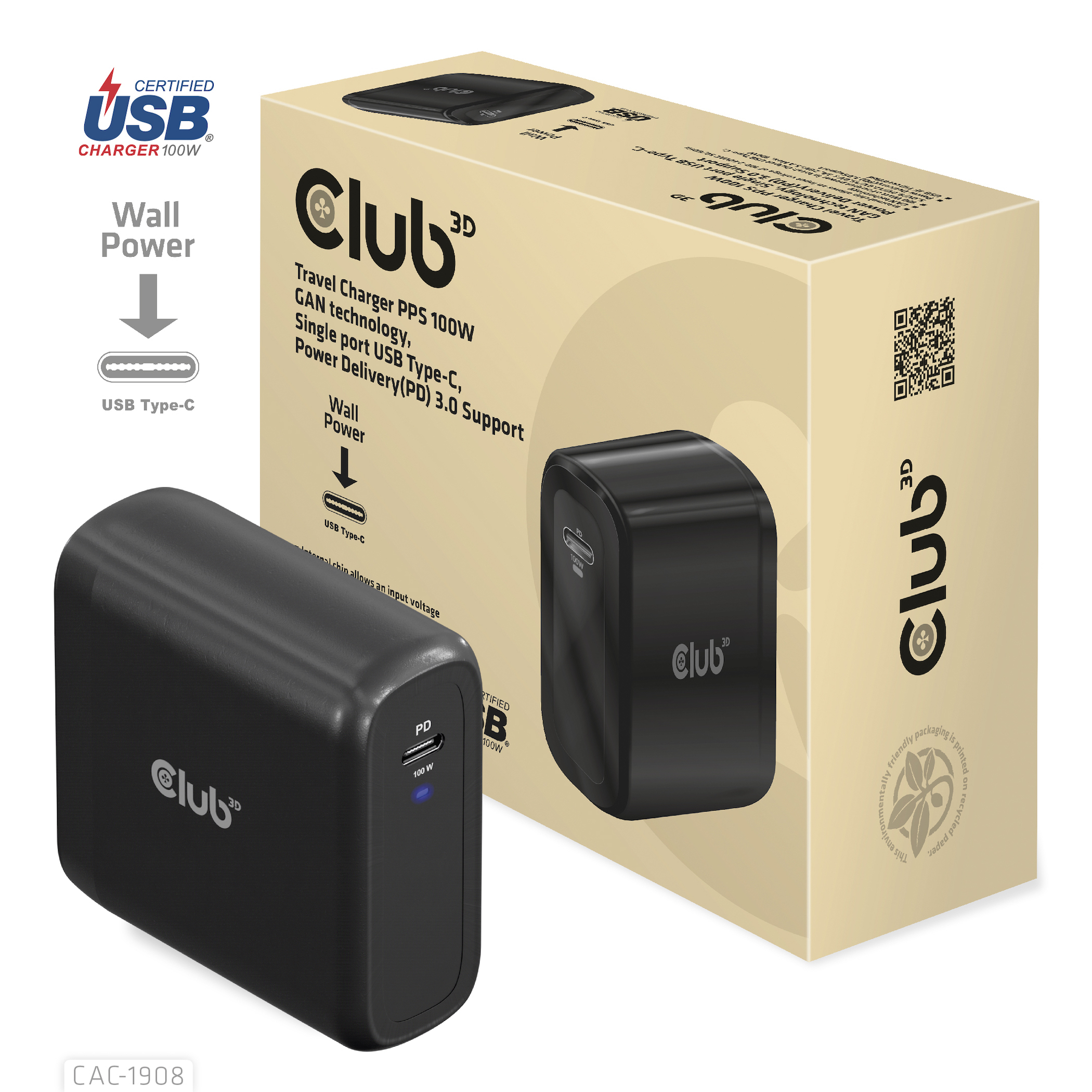 Club 3D Reise Ladegerät PPS 100W GAN, USB-IF TID-zertifiziert USB Typ-C PD 3.0