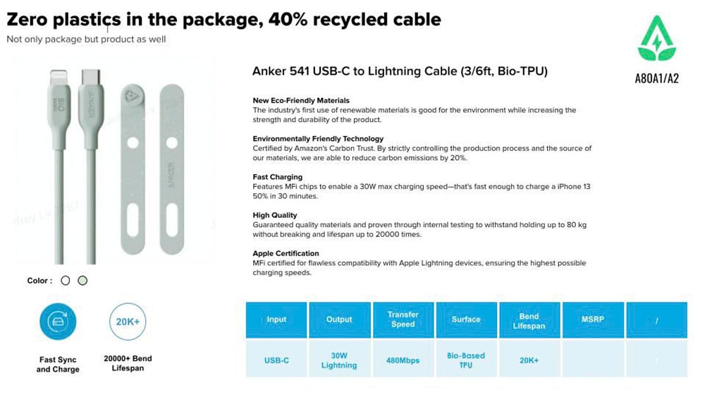 Anker 541 Eco-friendly Bio-TPU-Kabel USB-C zu Lightning 1,8m weiß