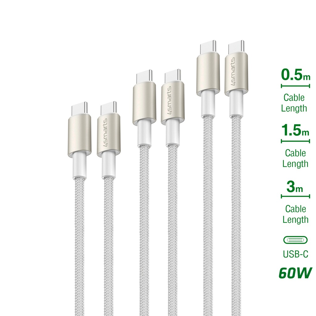 4smarts USB-C auf USB-C Kabel PremiumCord 60W 3erSet wei/silb