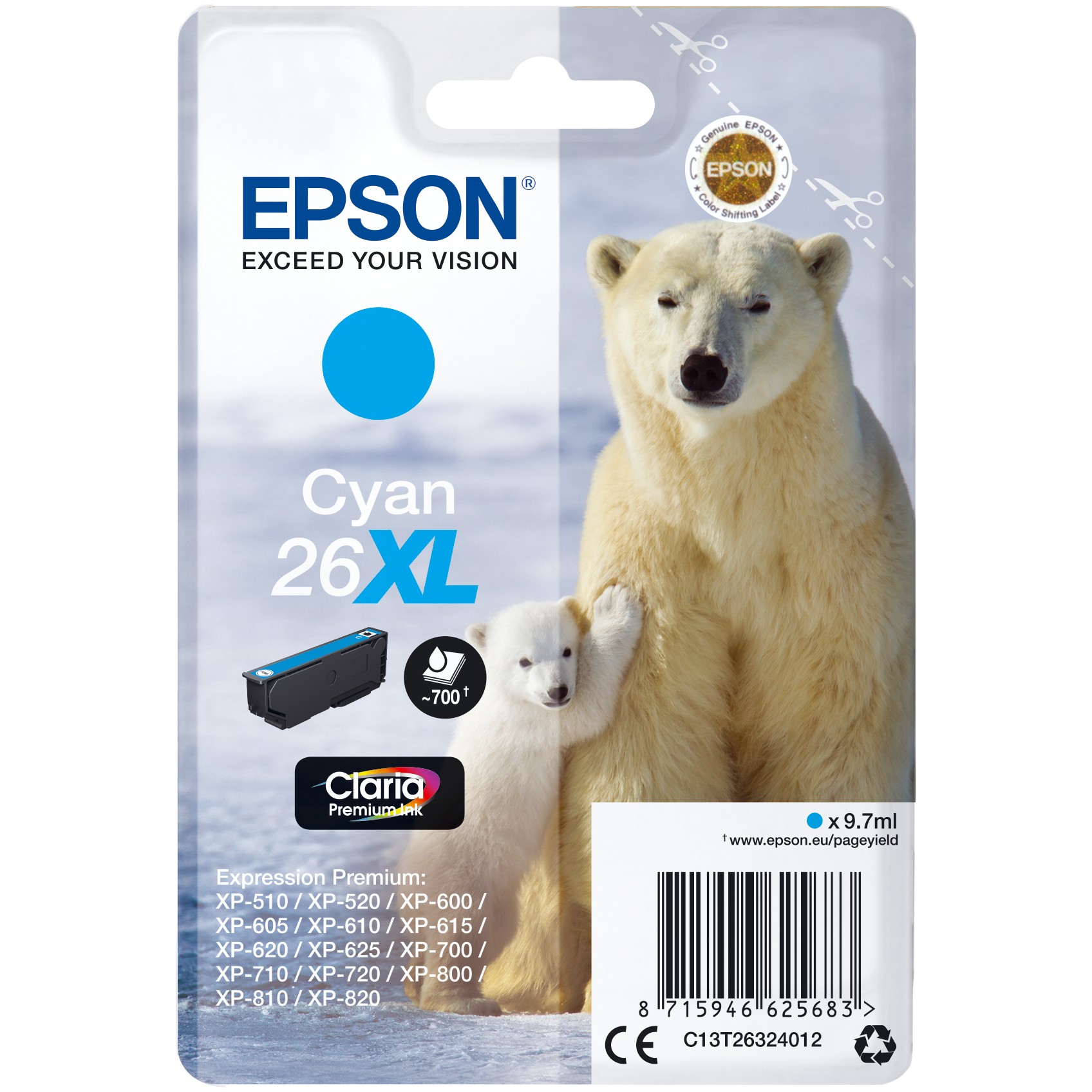 Epson Tinte 1LB 26XL ink cartridge cyan high capacity 9.7ml 700 pages 1-pack blister without alarm
