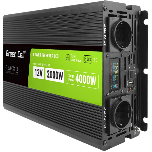 Green Cell KFZ Spannungswandler Power Inverter 12V > 230V 2000W/4000W Display