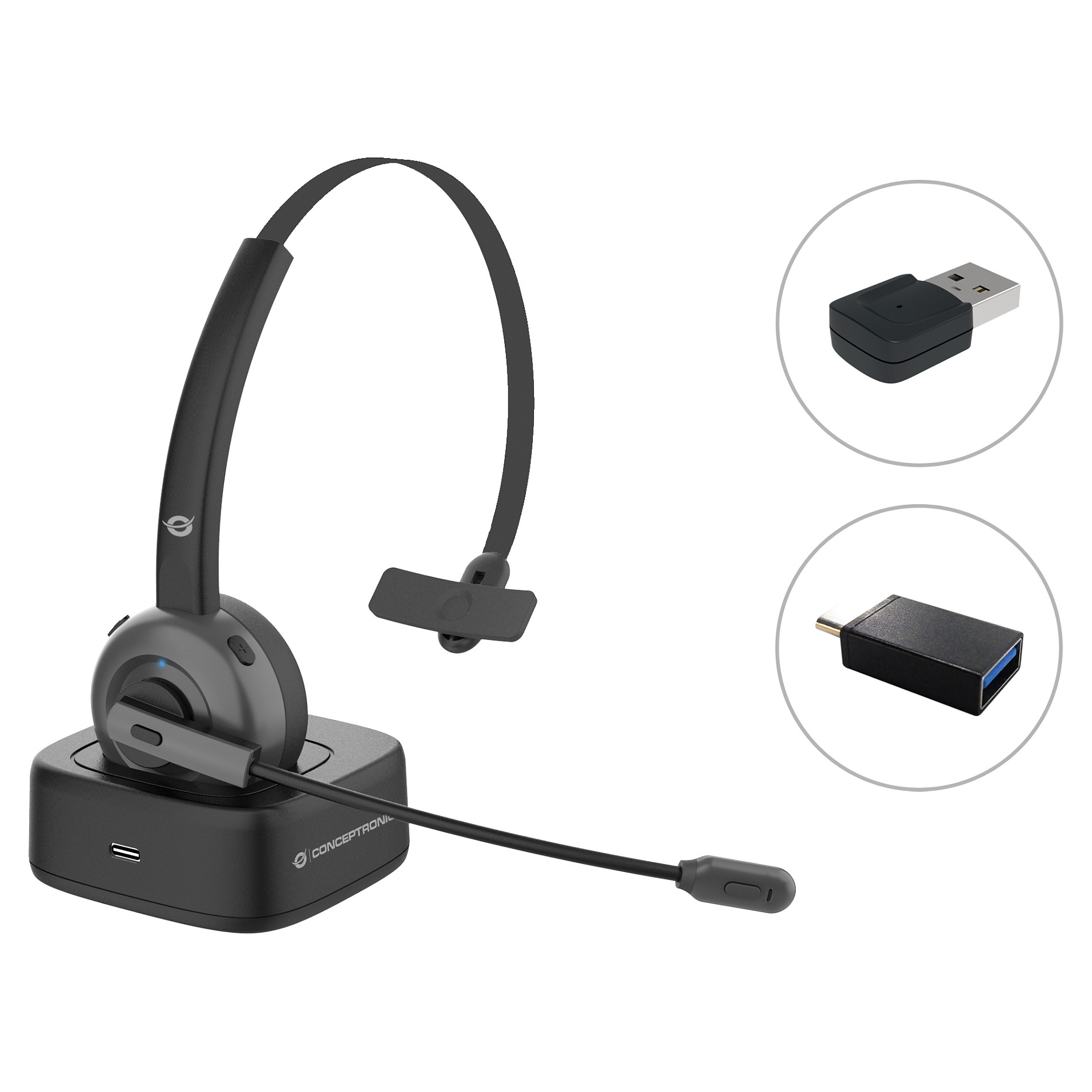 CONCEPTRONIC Headset Mono WLS BT5.0/Mikro/ANC/Dock/+22Std sw