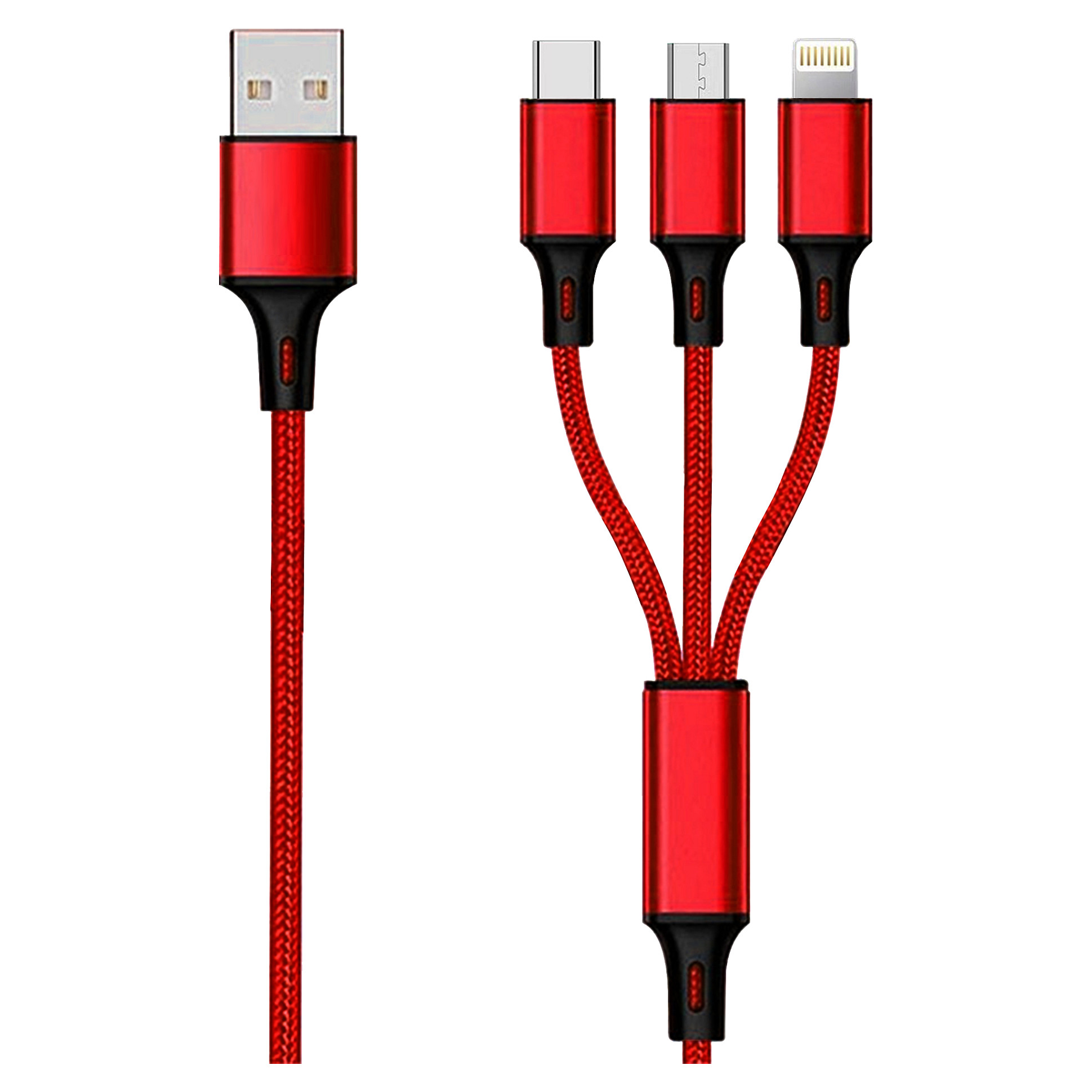 2GO 3in1 USB Ladekabel Micro-USB,Apple,TypeC Nylon 1,5m rot