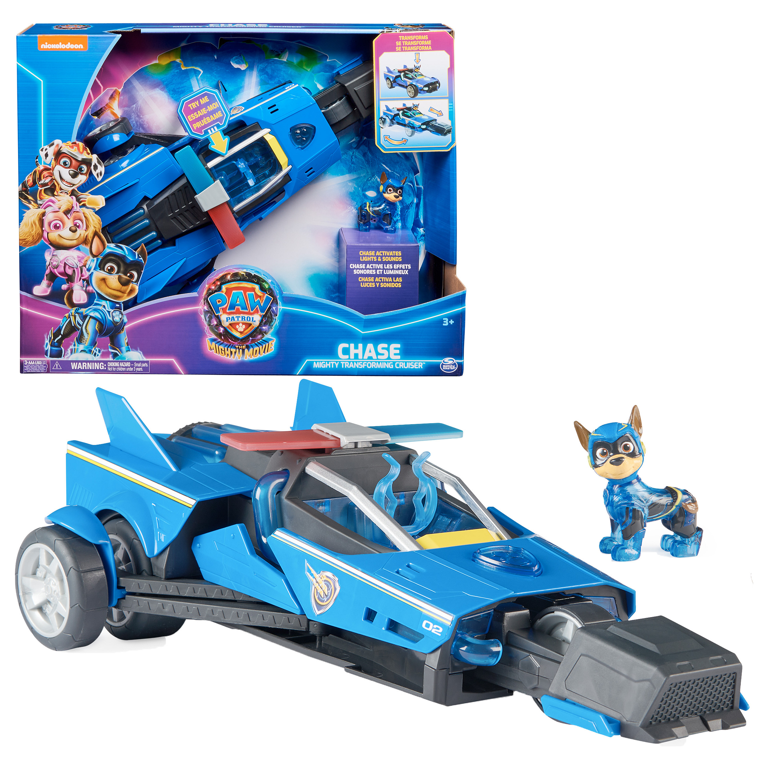 Spinmaster Paw Patrol: Der Mighty Kinofilm, Chases Deluxe Superhelden-Raketenfahrzeug (blau/schwarz, inkl. Chase Figur)