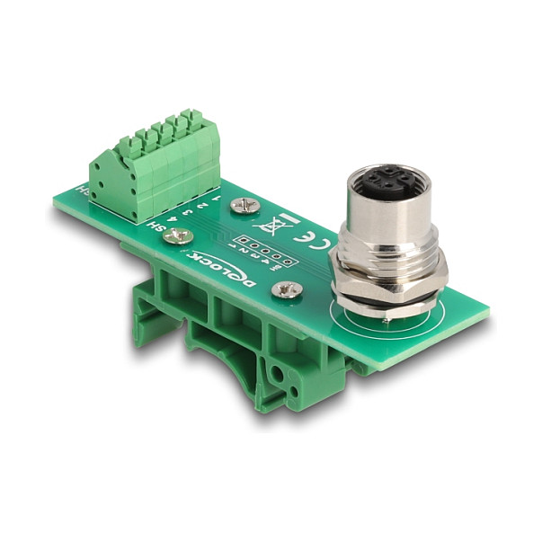 Delock M12 Übergabemodul Adapter A-kodiert 4 Pin Buchse zu 5 Pin Terminalblock für Hutschiene