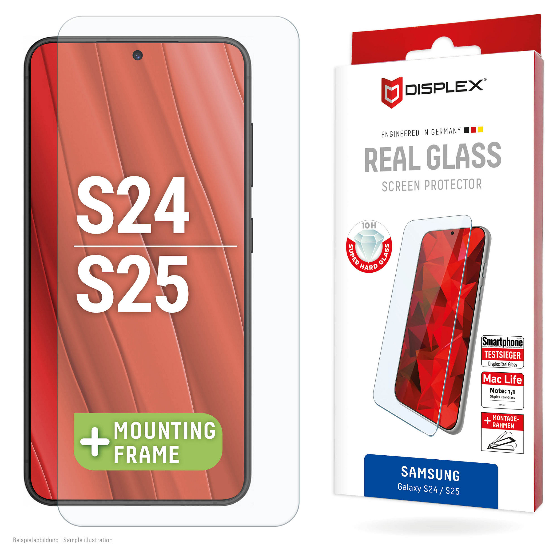 DISPLEX Panzerglas 2D/ Clear (10H) für Samsung Galaxy S24 Eco-Montagerahmen, Tempered Glas, kratzer-resistente Schutzfolie, hüllenfreundlich