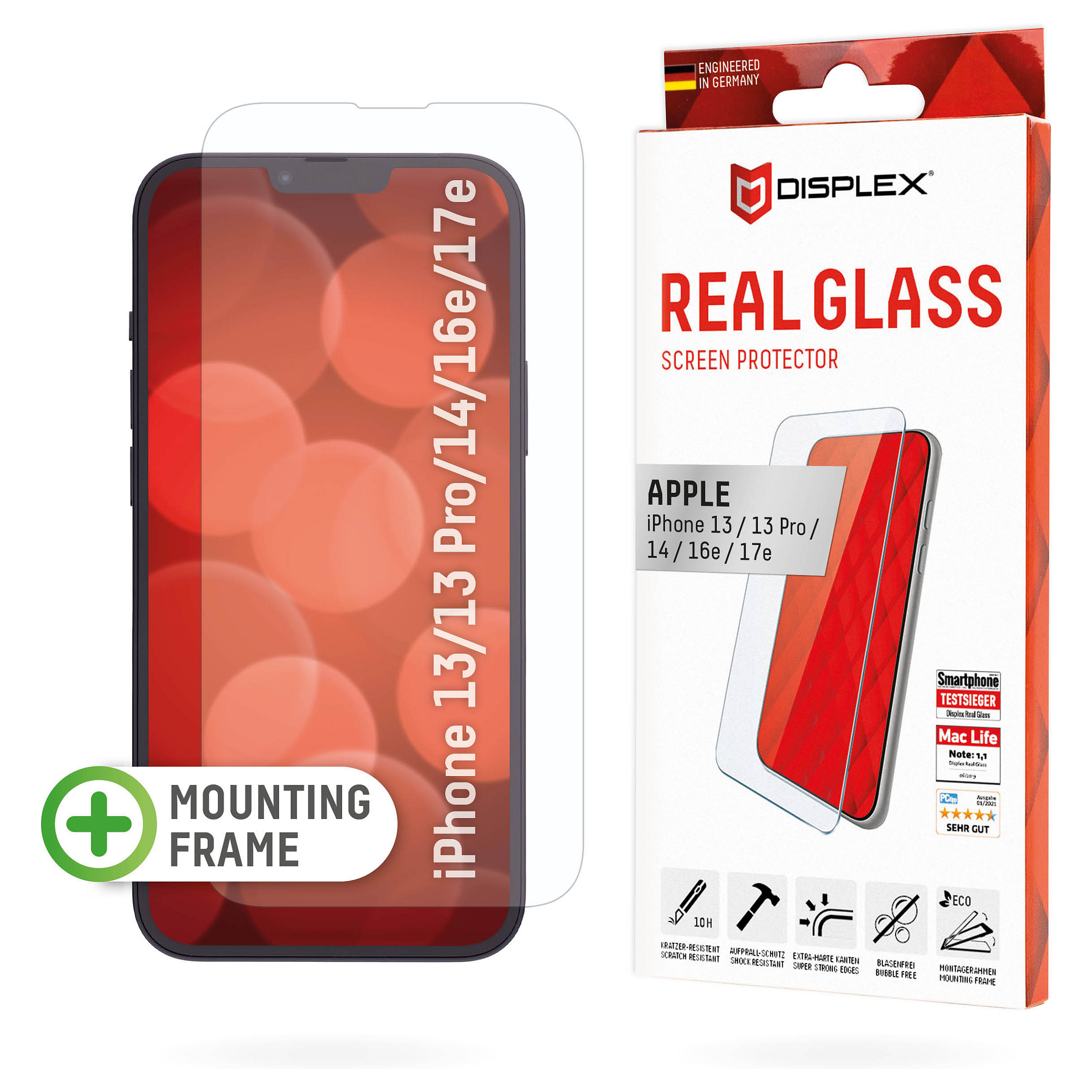 DISPLEX Panzerglas 2D/ Clear (10H) für iPhone 13/13 Pro/14/16e Eco-Montagerahmen, Tempered Glas, kratzer-resistente Schutzfolie, hüllenfreundlich