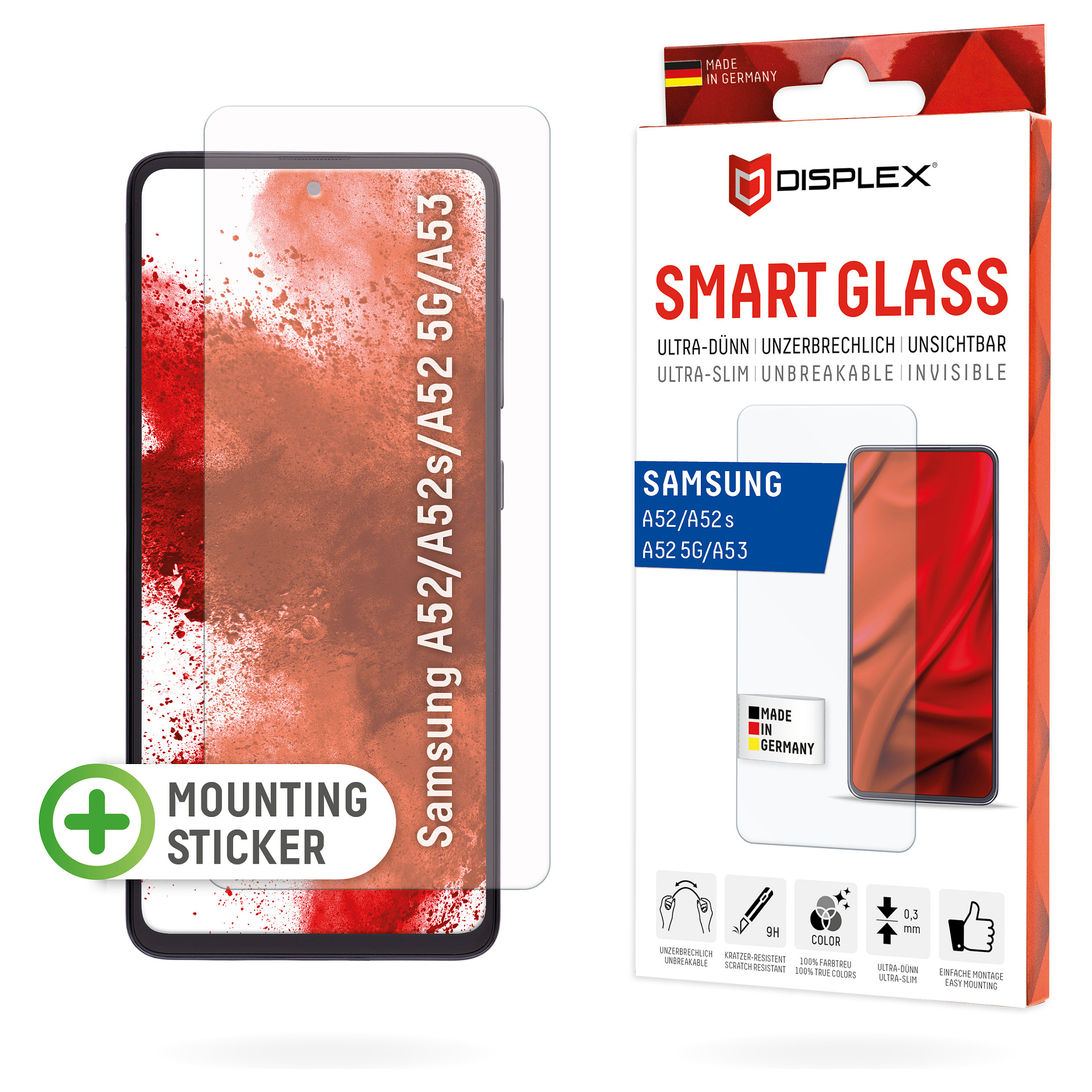 DISPLEX Smart Glass (9H) für Samsung Galaxy A52/A52(s) 5G/A53 5G Montagesticker, unzerbrechlich, ultra-dünn, unsichtbar