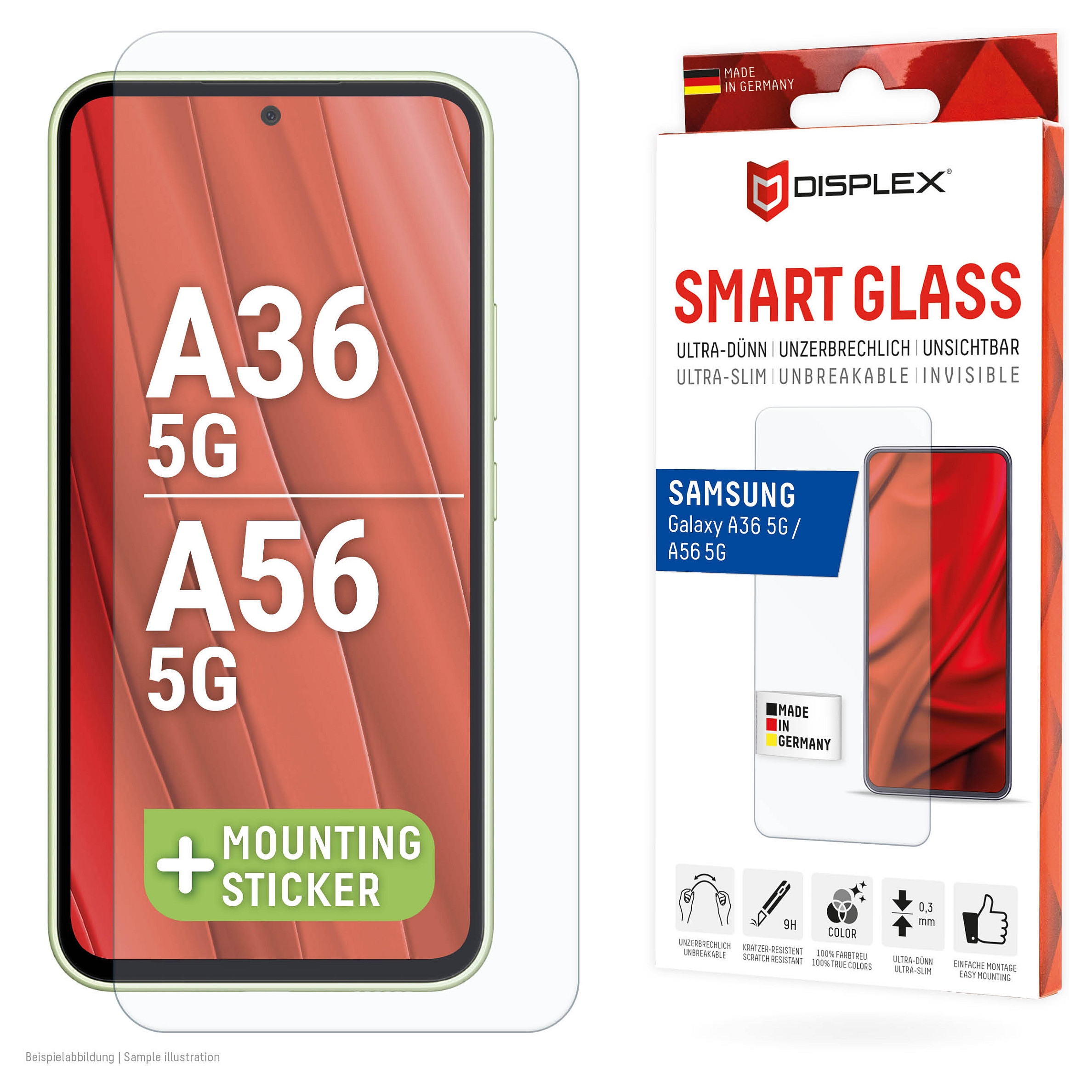 DISPLEX Smart Glasschutzfolie für Samsung Galaxy A56/A36 Kratzer-resistent, ultra-dünn, Schmutzabweisend