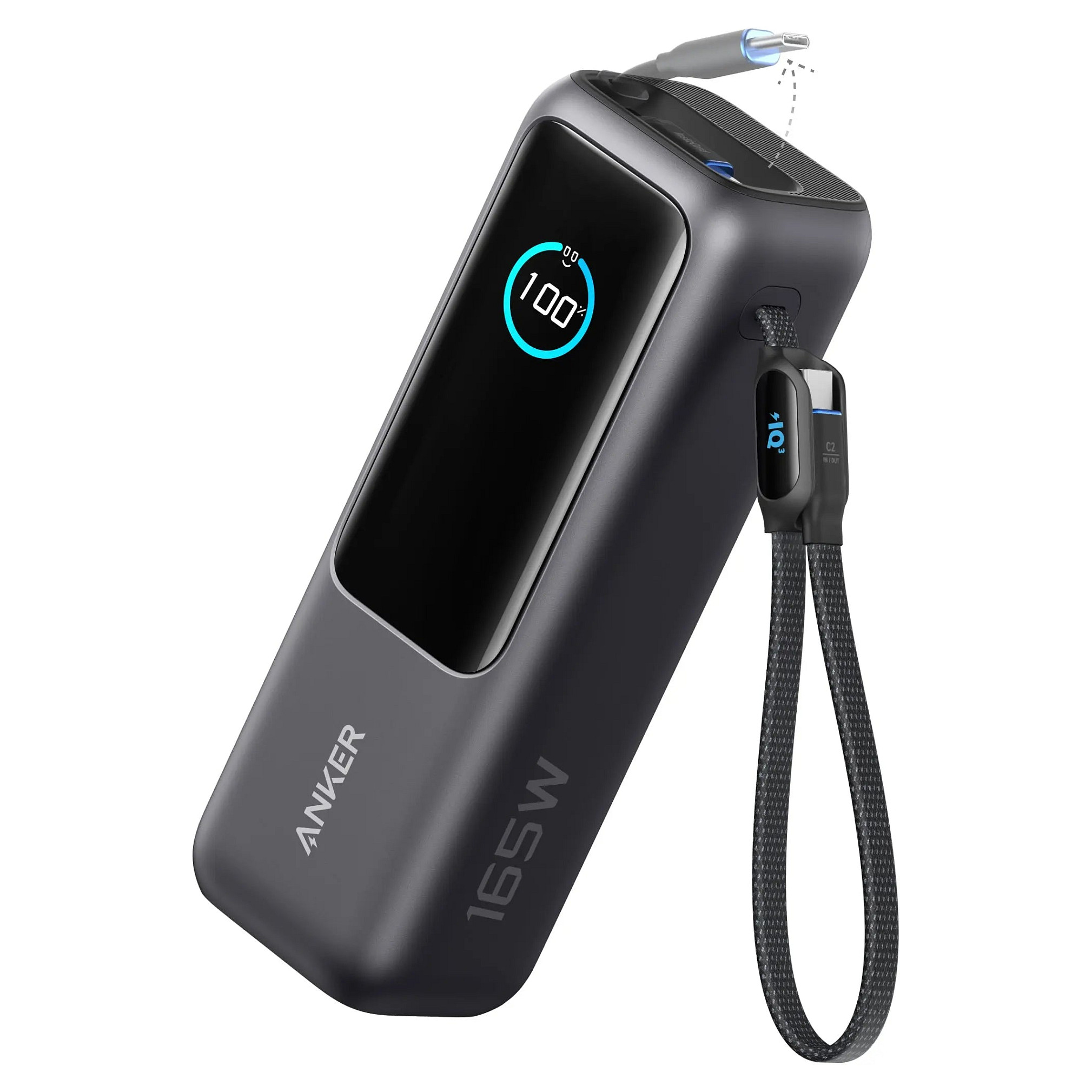 ANKER PowerBank 25.000mAh 165W 3x 100W USB-C 1x USB-A mit Smart Display zwei integrierte Ladekabel schwarz