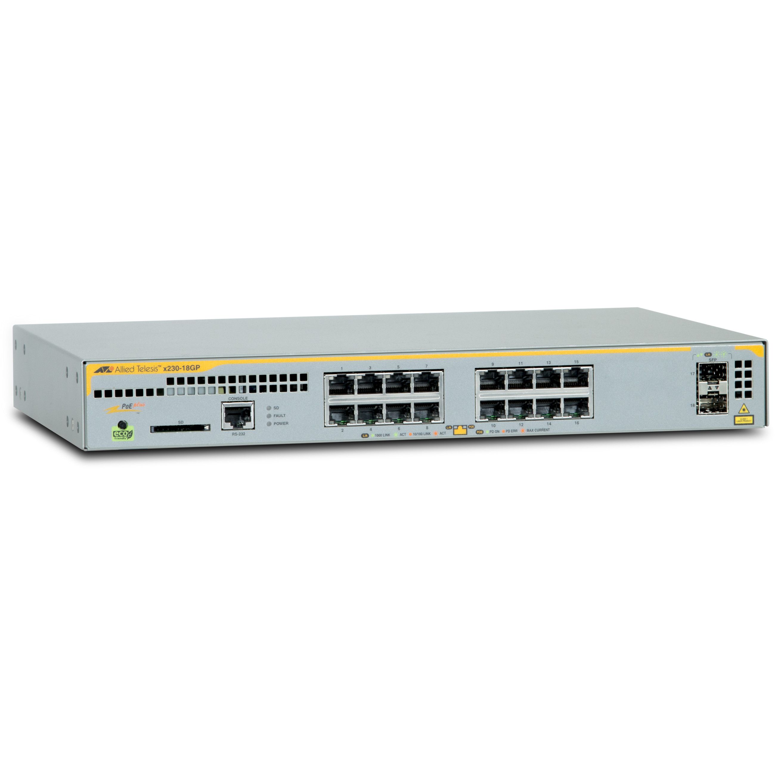 ALLIED L2+ managed switch. 16 x 10/100/1000Mbps POE ports. 2 x SFP uplink slots. 1 Fixed AC power supply