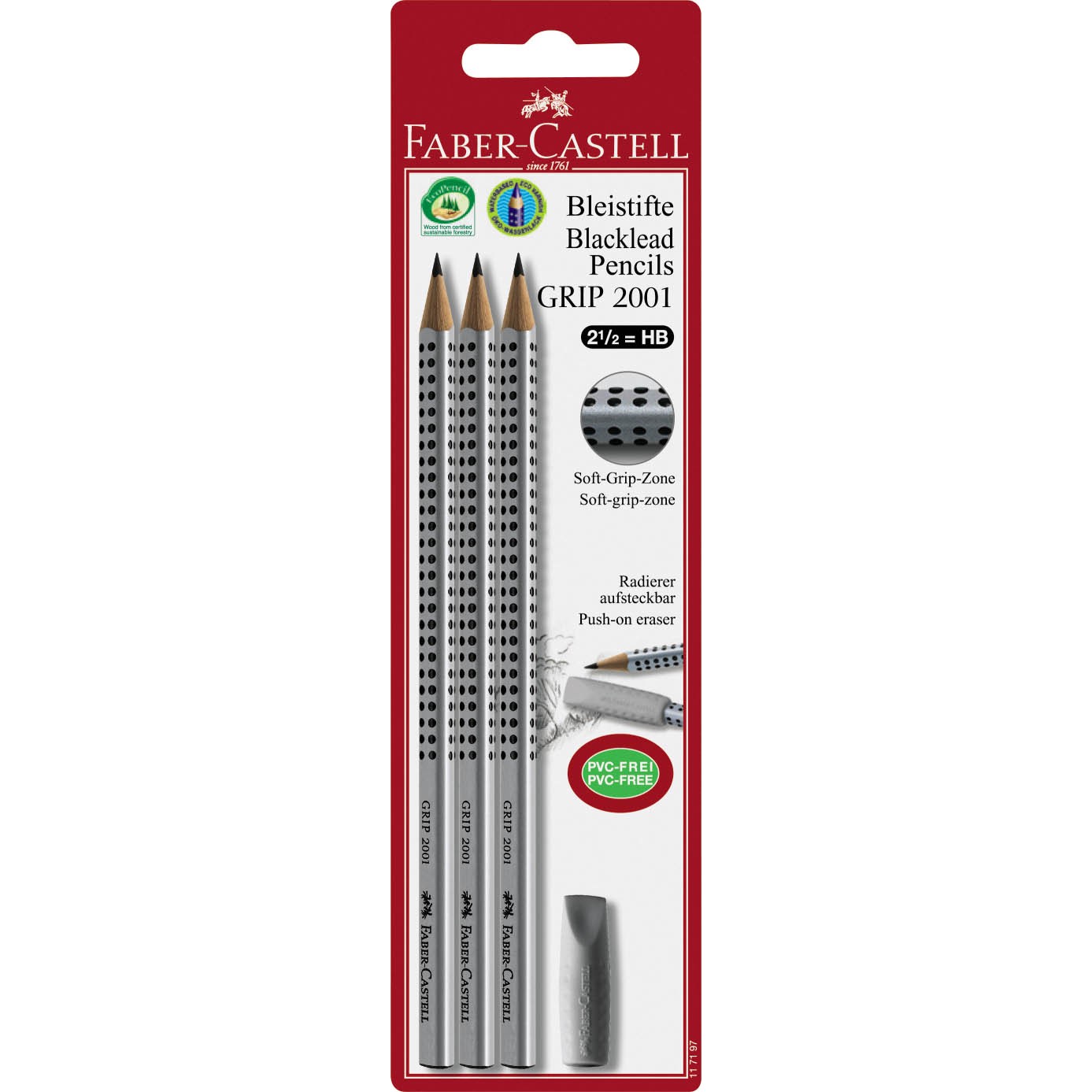 FABER-CASTELL Bleistift Grip 2001 HB 3x +Radierer BK