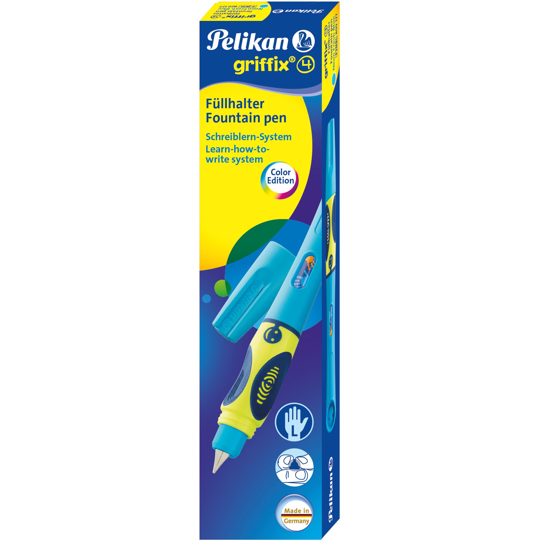 Pelikan Füllhalter griffix P2NBL NeonFreshBlue Links. Faltschachtel