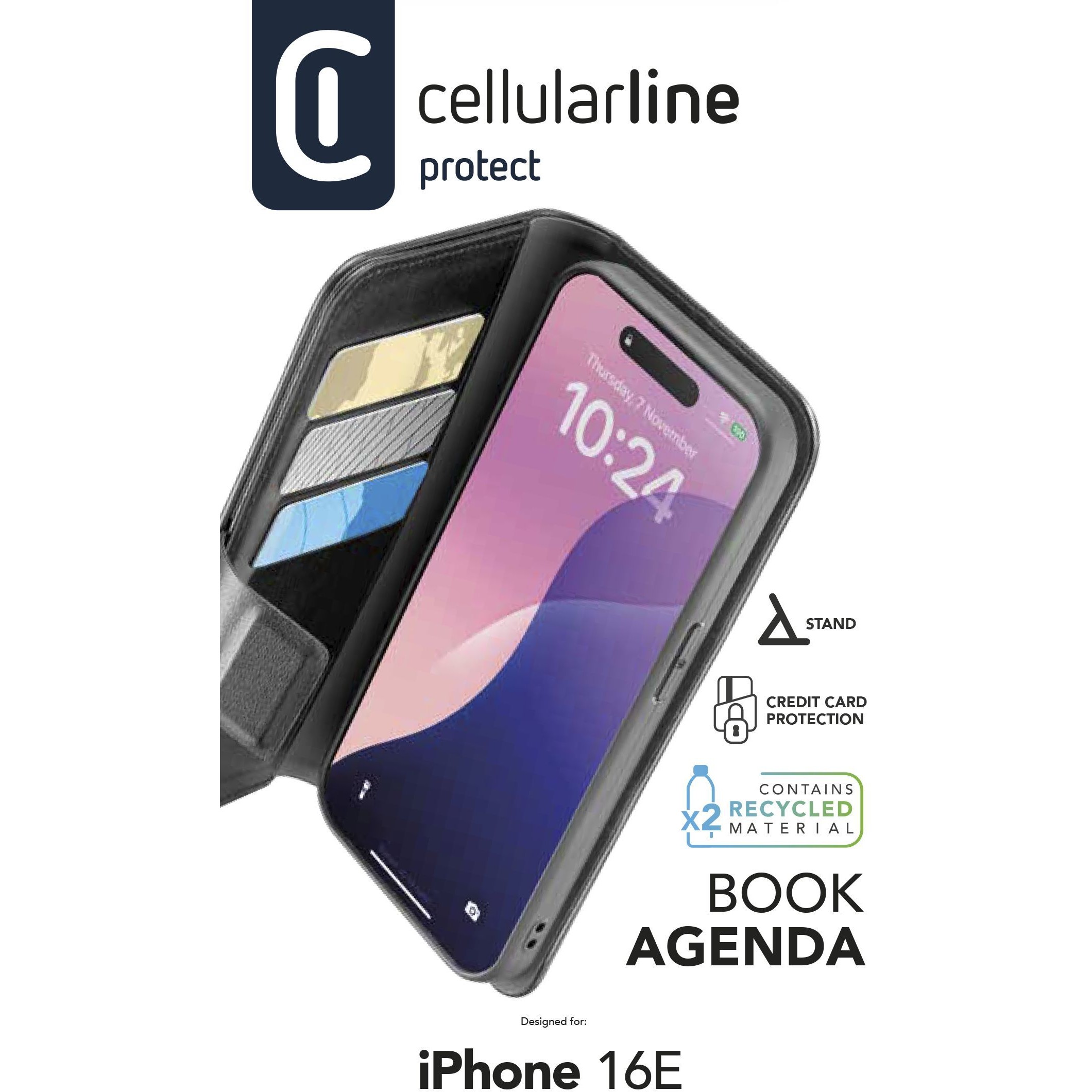 Cellularline Book Agenda 2 Case fr Apple iPhone 16e Black