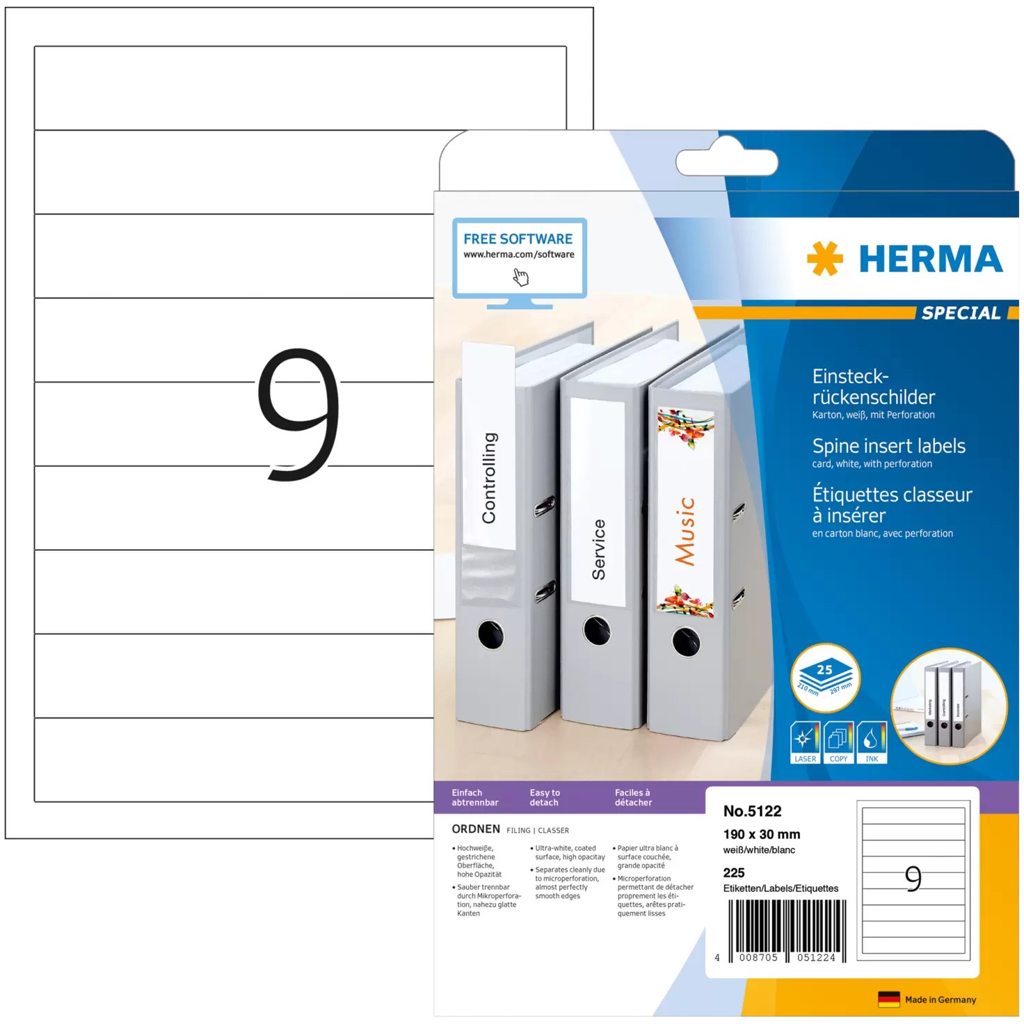 HERMA Einsteckrücken A4 weiß 30x190 nicht klebend 225 St.