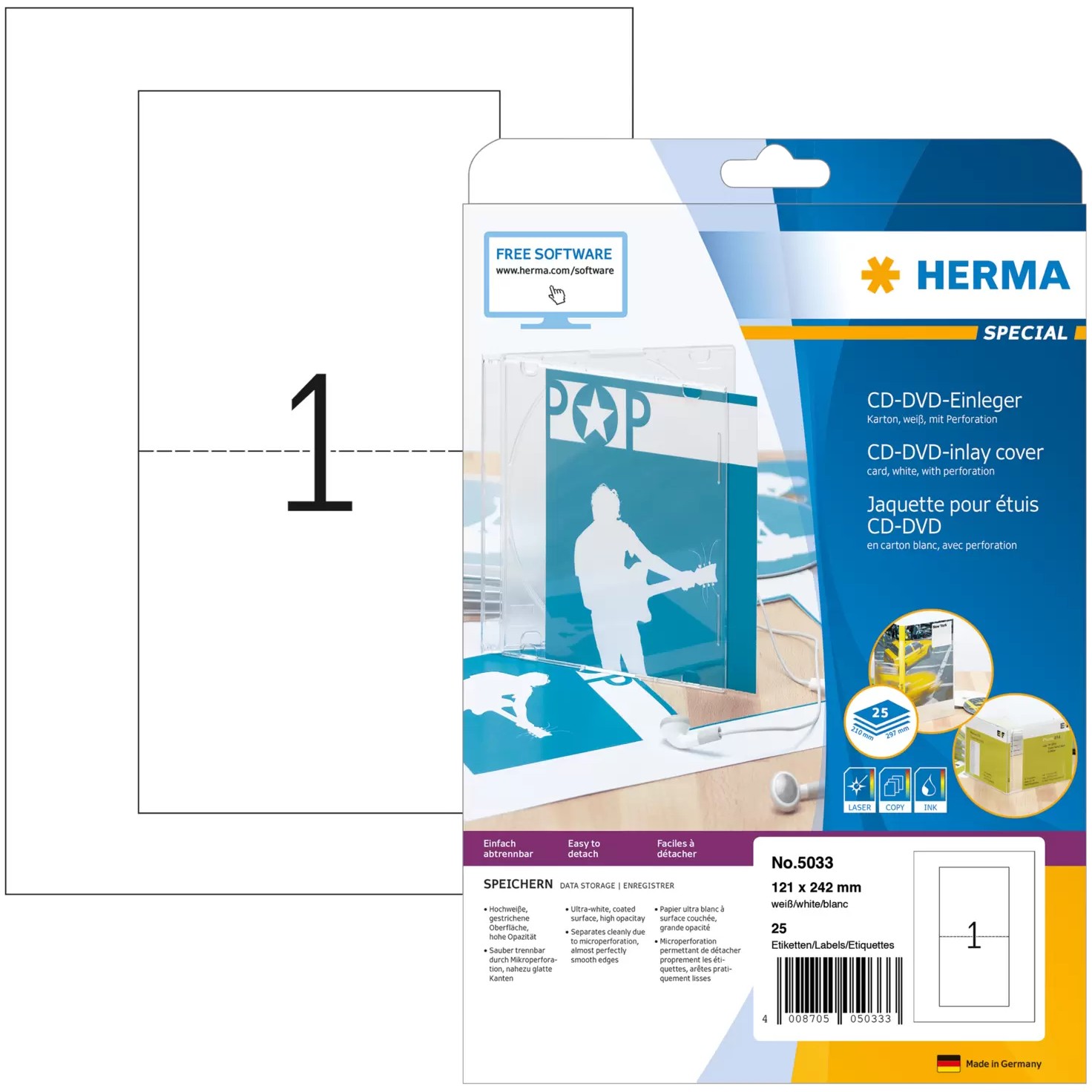 HERMA CD-Einleger A4 weiß 121x242 mm nicht klebend 25 St.