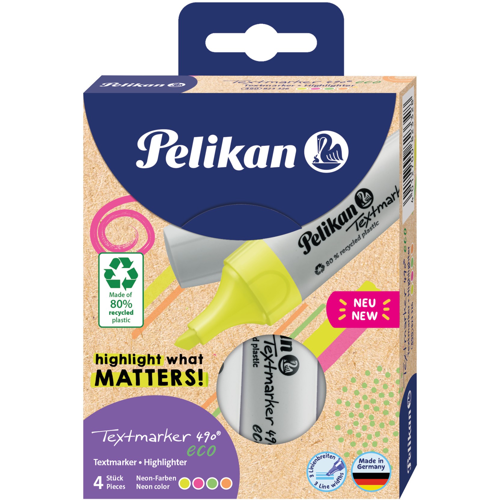 Pelikan Textmarker 490 eco Set aus 4 Neon-Farben im Etui
