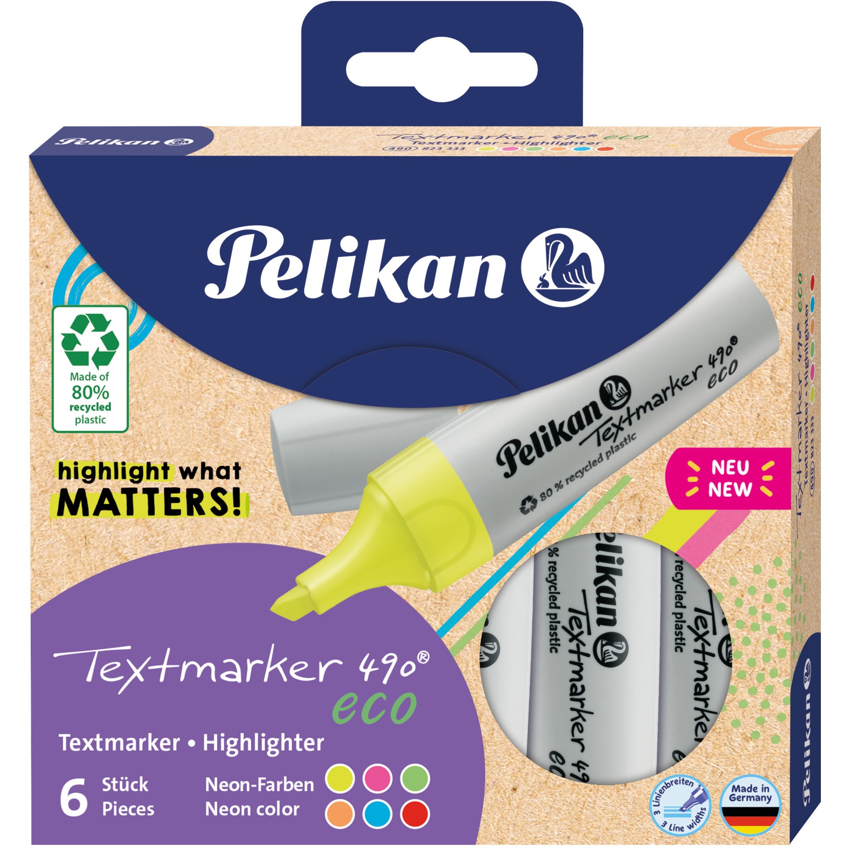 Pelikan Textmarker 490 eco Set aus 6 Neon-Farben im Etui