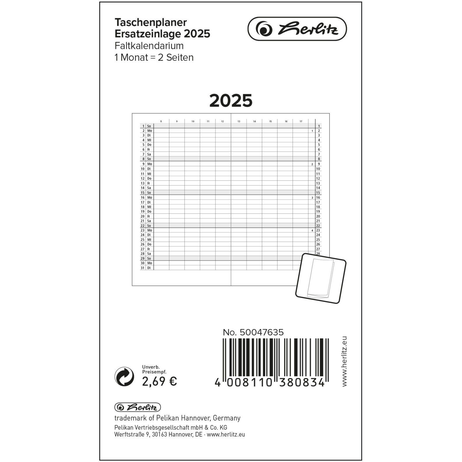 Herlitz Taschenplaner Ersatzeinlage mit Leporello-Falzung