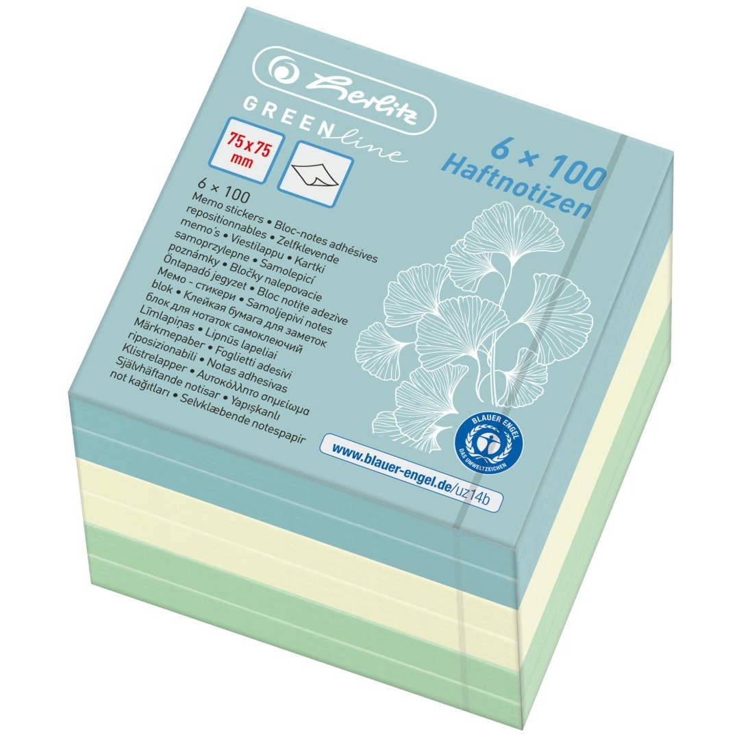 Herlitz Haftnotizblock 75x75mm 6x100Bl GREENline farb. sort.
