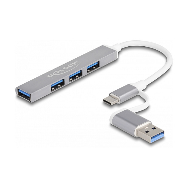 DELOCK 4 Port Slim USB Hub mit USB Type-C oder USB Typ-A zu 3 x USB 2.0 Typ-A Buchse + 1 x USB 5 Gbps Typ-A Buchse
