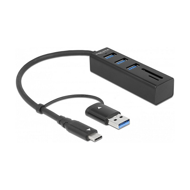 DELOCK 3 Port USB 3.2 Gen 1 Hub + SD und Micro SD Card Reader mit USB Type-C oder USB Typ-A Anschluss