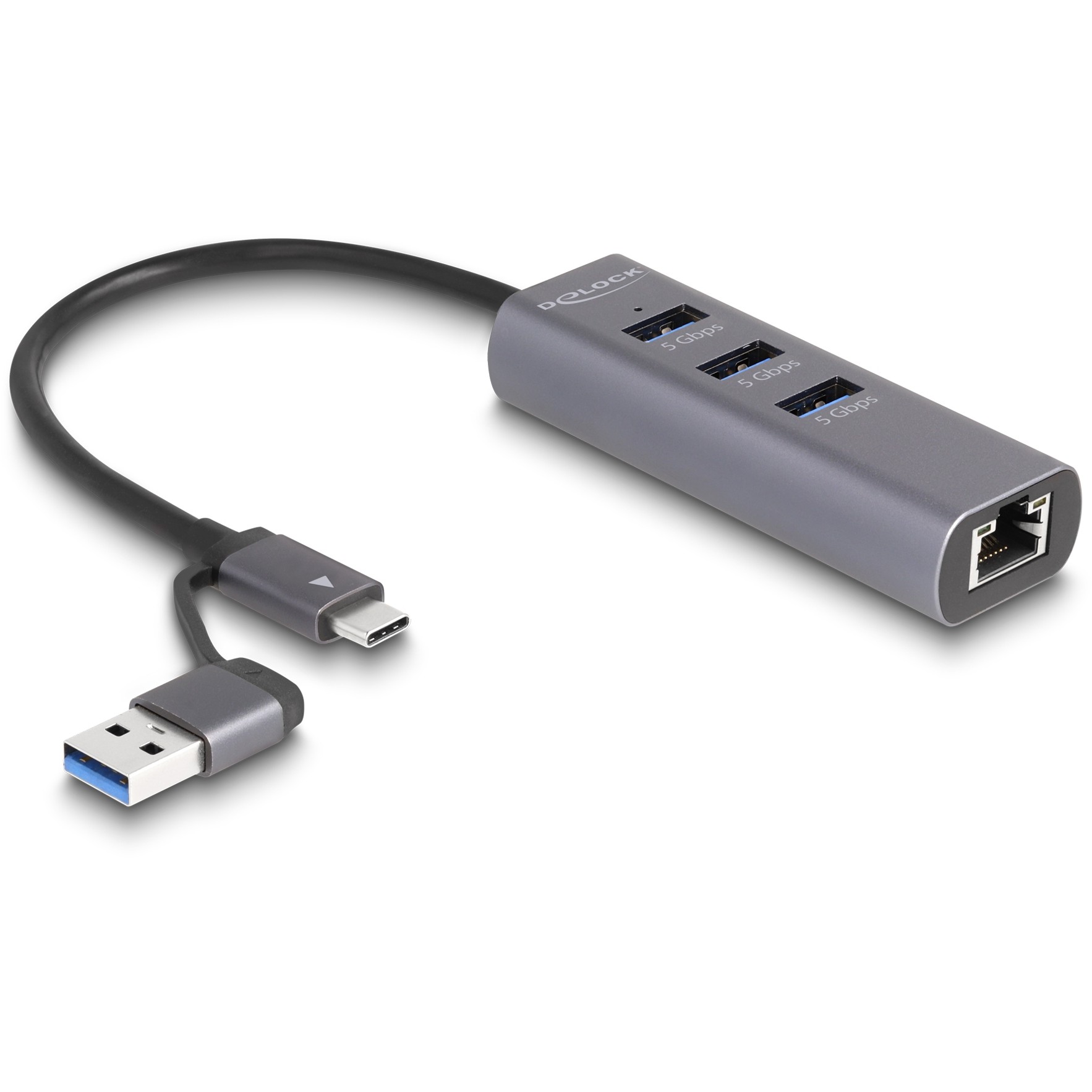 DELOCK 3 Port USB 5 Gbps Hub + Gigabit LAN mit USB Type-C oder USB Typ-A Anschluss im Metallgehuse