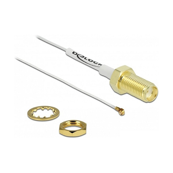 DELOCK Antennenkabel SMA Buchse zum Einbau zu MHF 4 Stecker 0.81 20cm Gewindelnge 10mm weiss