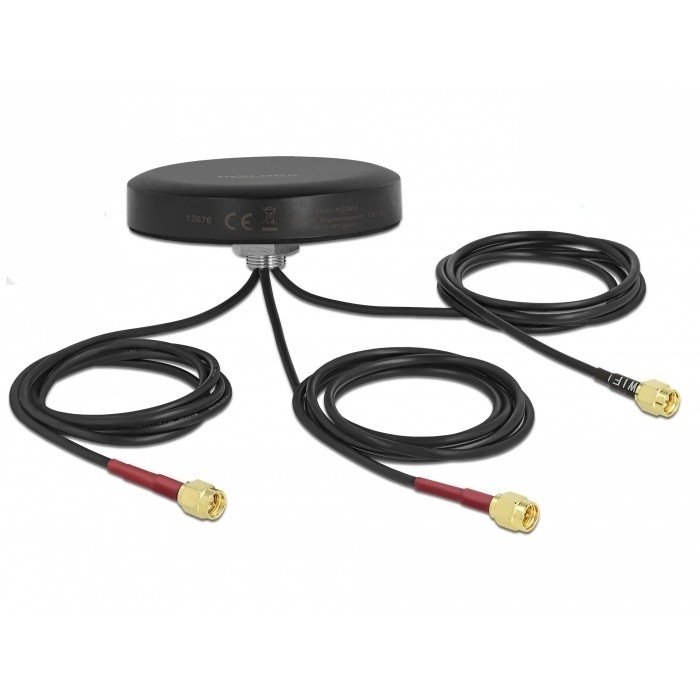 DELOCK LTE MIMO Dualband WLAN 802.11 ac/ax/a/h/b/g/n Antenne 3 x SMA Stecker RG-174 1 m Schraubmontage outdoor schwarz