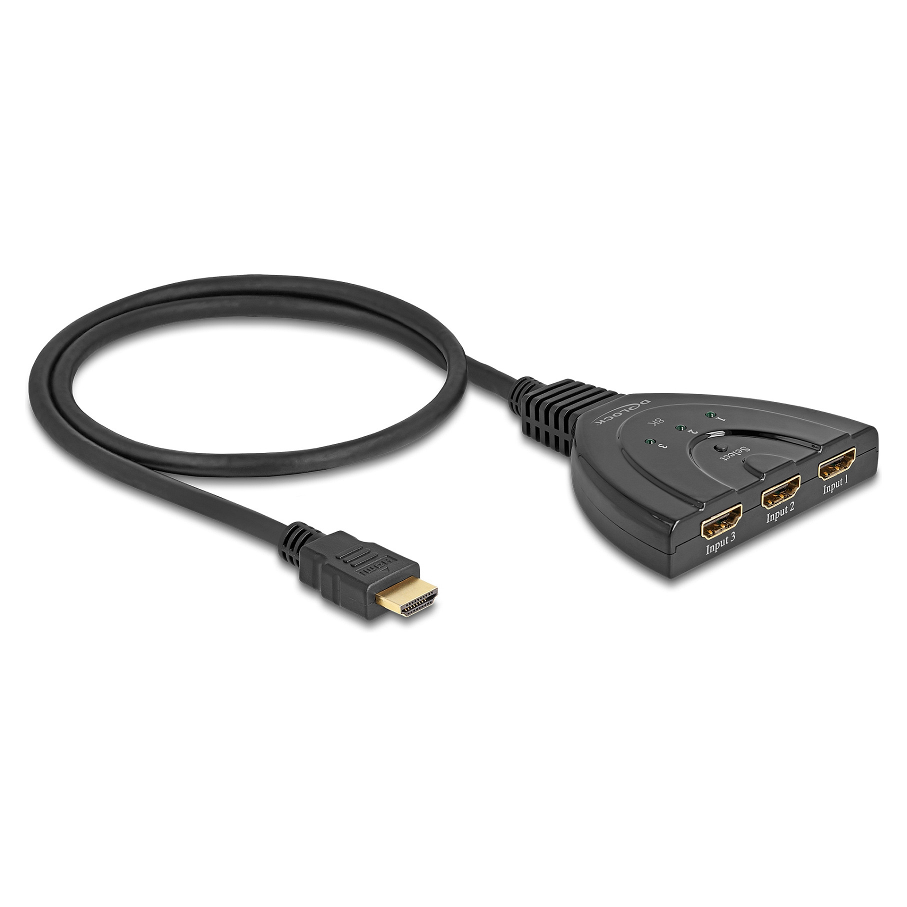 DELOCK HDMI Switch 3 x HDMI in zu 1 x HDMI out 8K 60 Hz mit integriertem Kabel 60cm