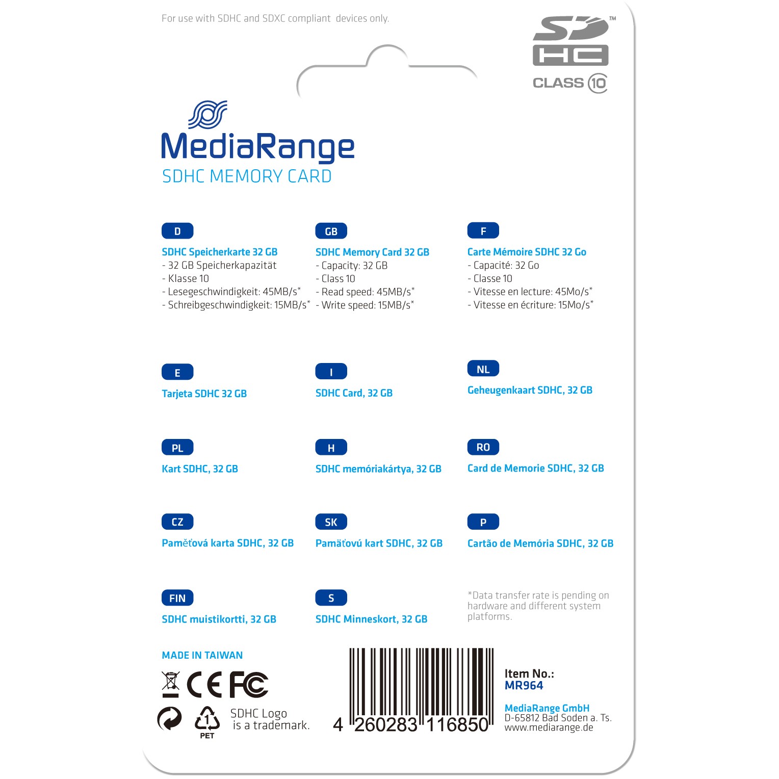 CARD MediaRange Speicherkarte 32GB SDHC Klasse 10