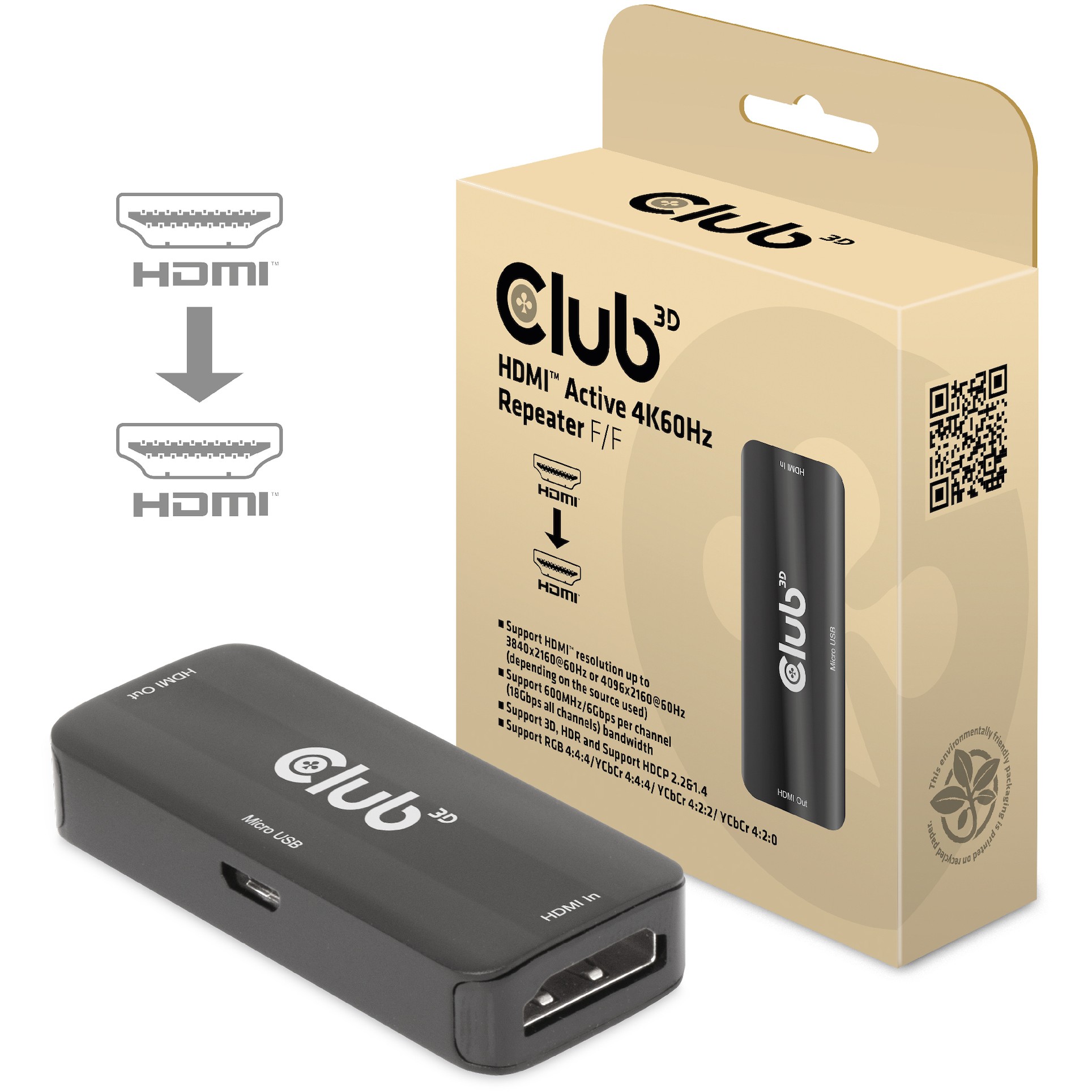 Club3D Repeater HDMI > HDMI 4K60Hz aktiv Bu/Bu