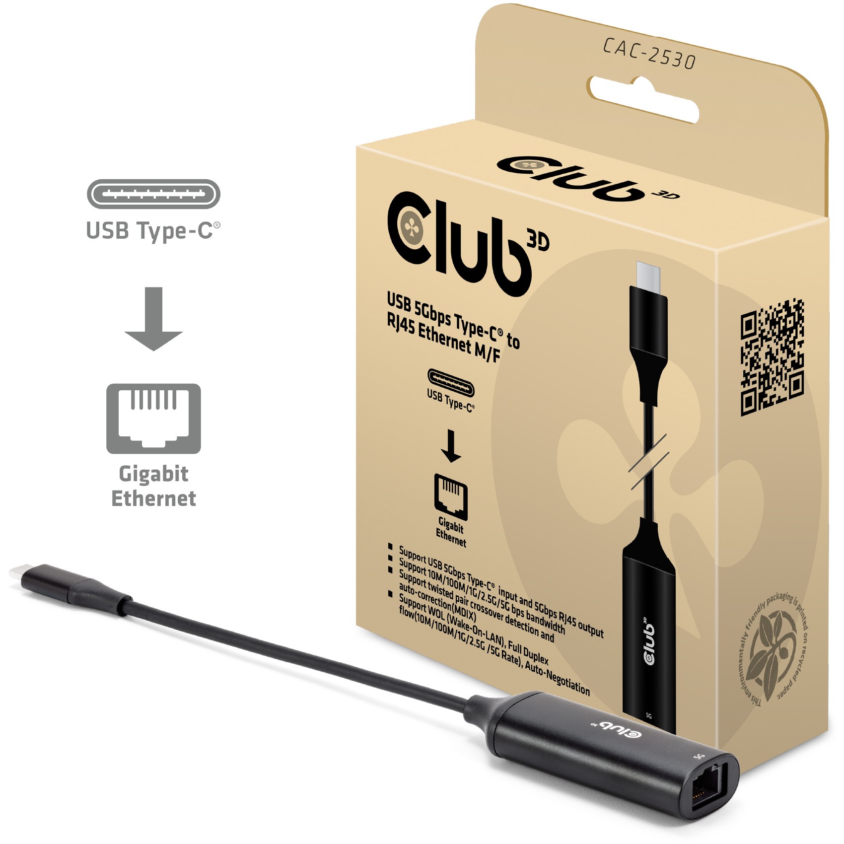 Club3D Adapter USB-C > RJ45 5Gbps St/Bu