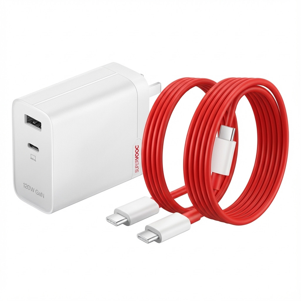 OnePlus 120W Dual Ports SuperVooc Adapter + Cable (Type-C + Type-A) white