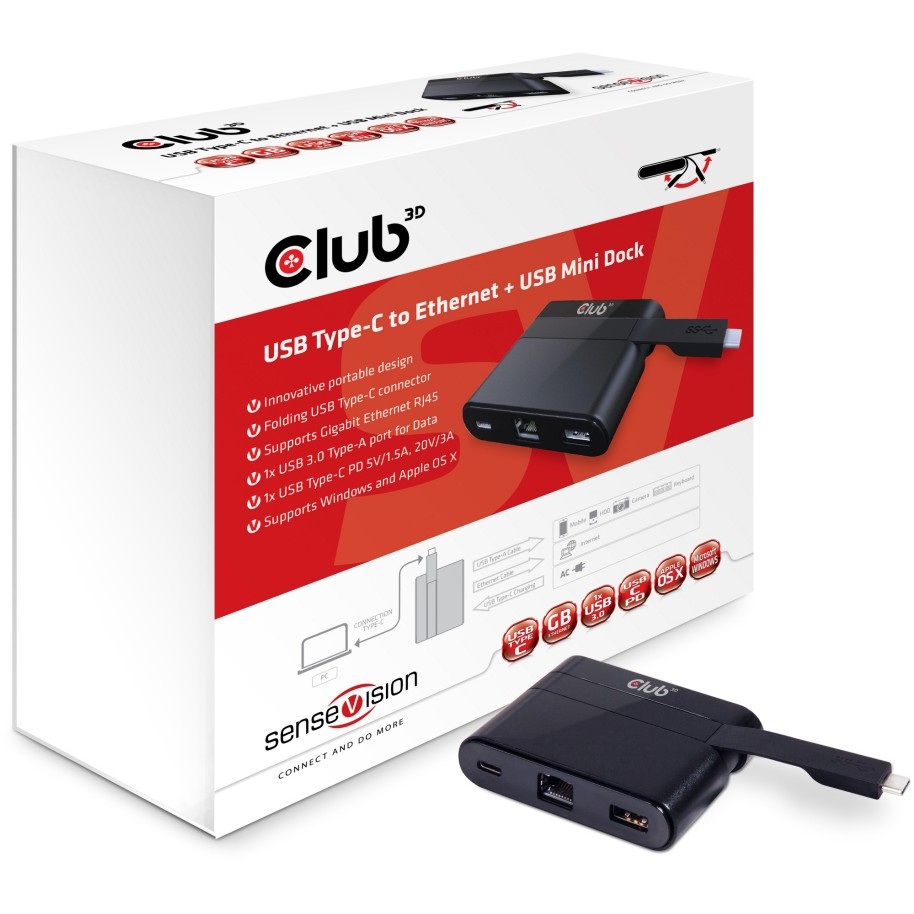 Club 3D SenseVision Adapter USB 3.0 C > Ethernet Gigabit LAN + USB 3.0 + USB Typ C