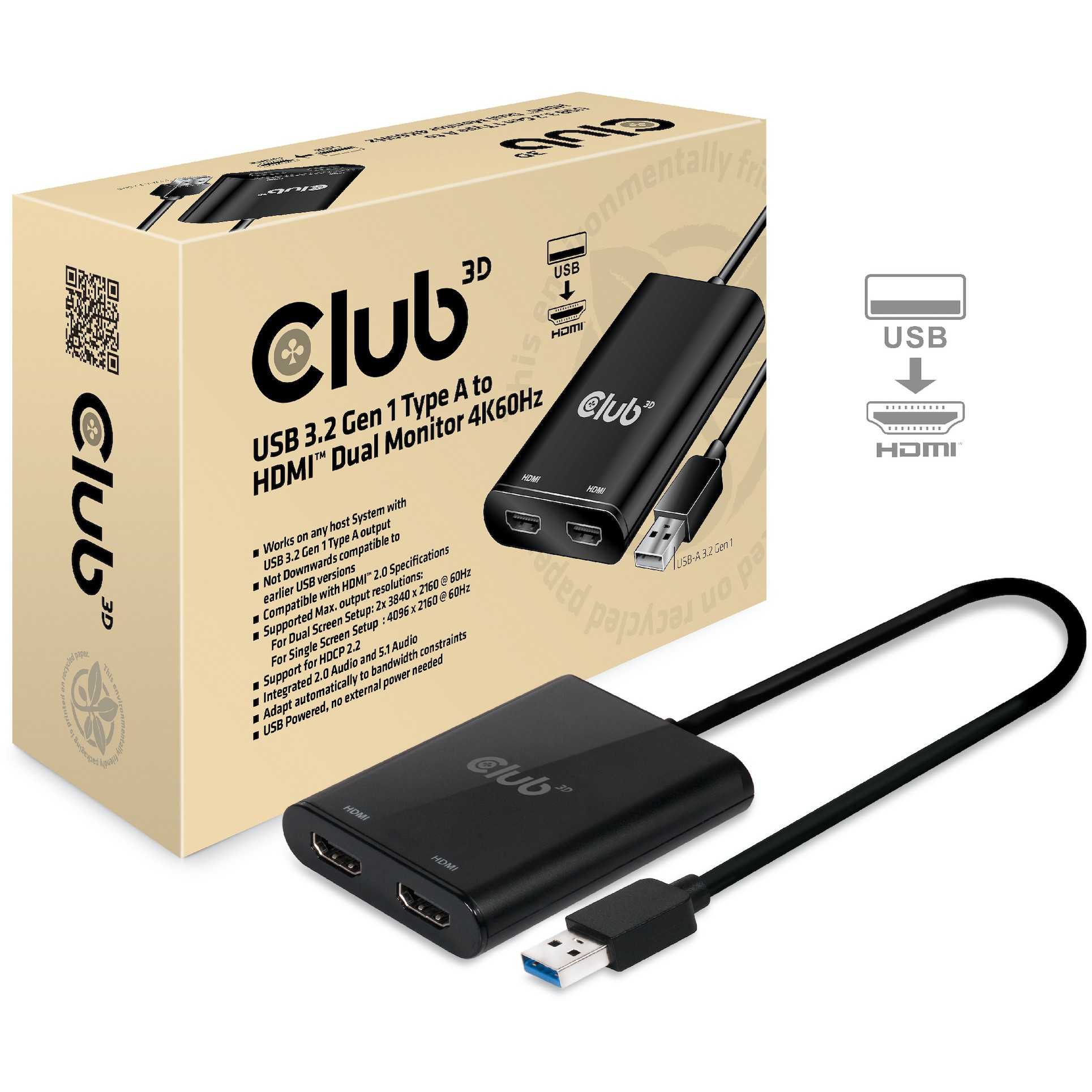 Adapter USB-A 3.2 => HDMI 2.0 *Club3D* Dual Monitor 4K60Hz