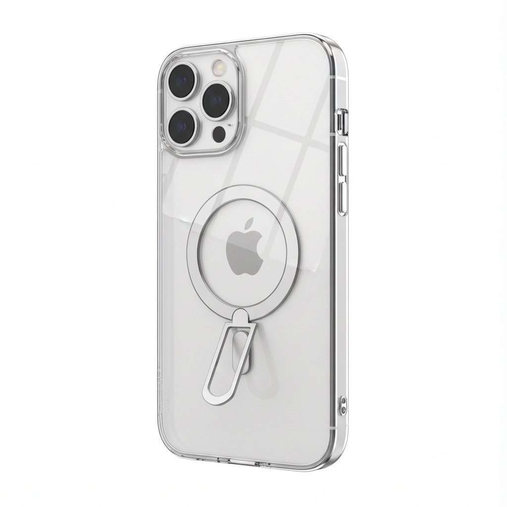 Case aus 10H Hartglas mit Kickstand für Apple iPhone 16, Transparent/Silber, GA-MAGCS-IP24-SLS61WHT
