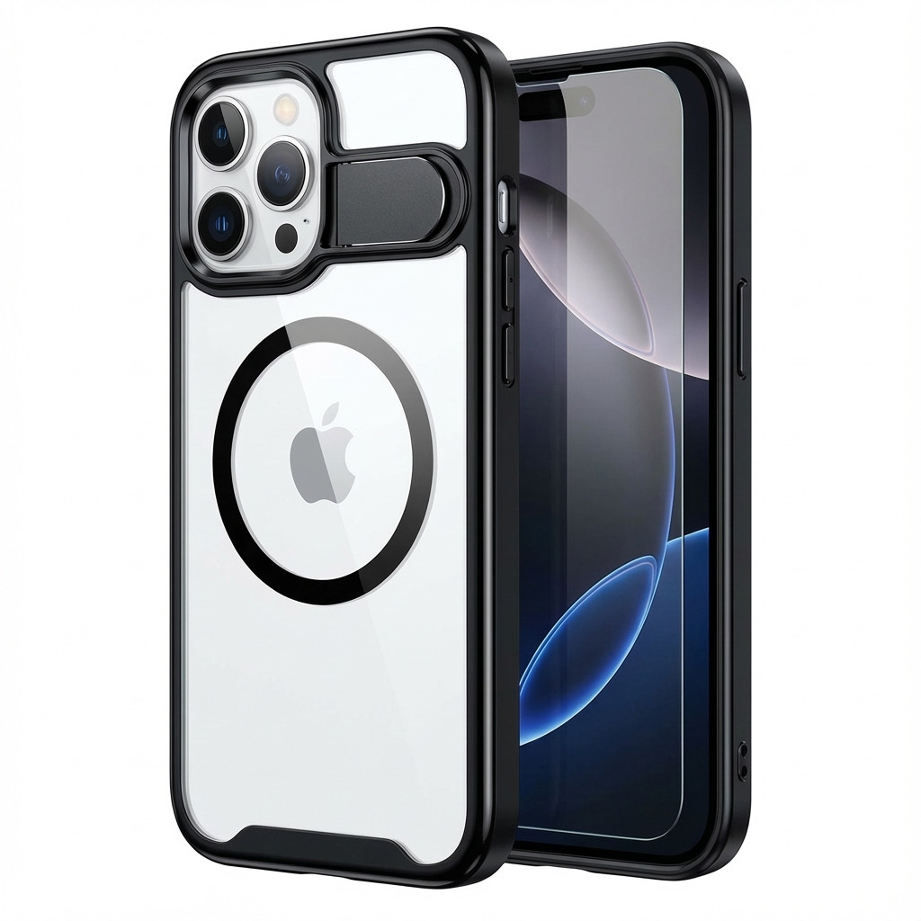 Case aus 10H Hartglas mit Kickstand für Apple iPhone 16 Plus, Transparent/Schwarz, GA-MAGCS-IP24-BLS67BLK