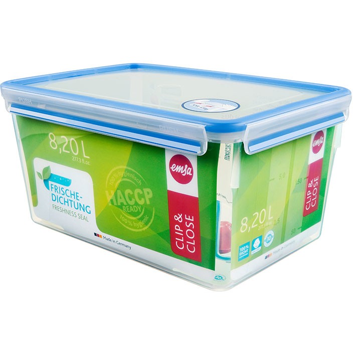 Emsa CLIP & CLOSE Frischhaltedose 8,0 Liter (transparent/blau, rechteckig, Maxiformat)