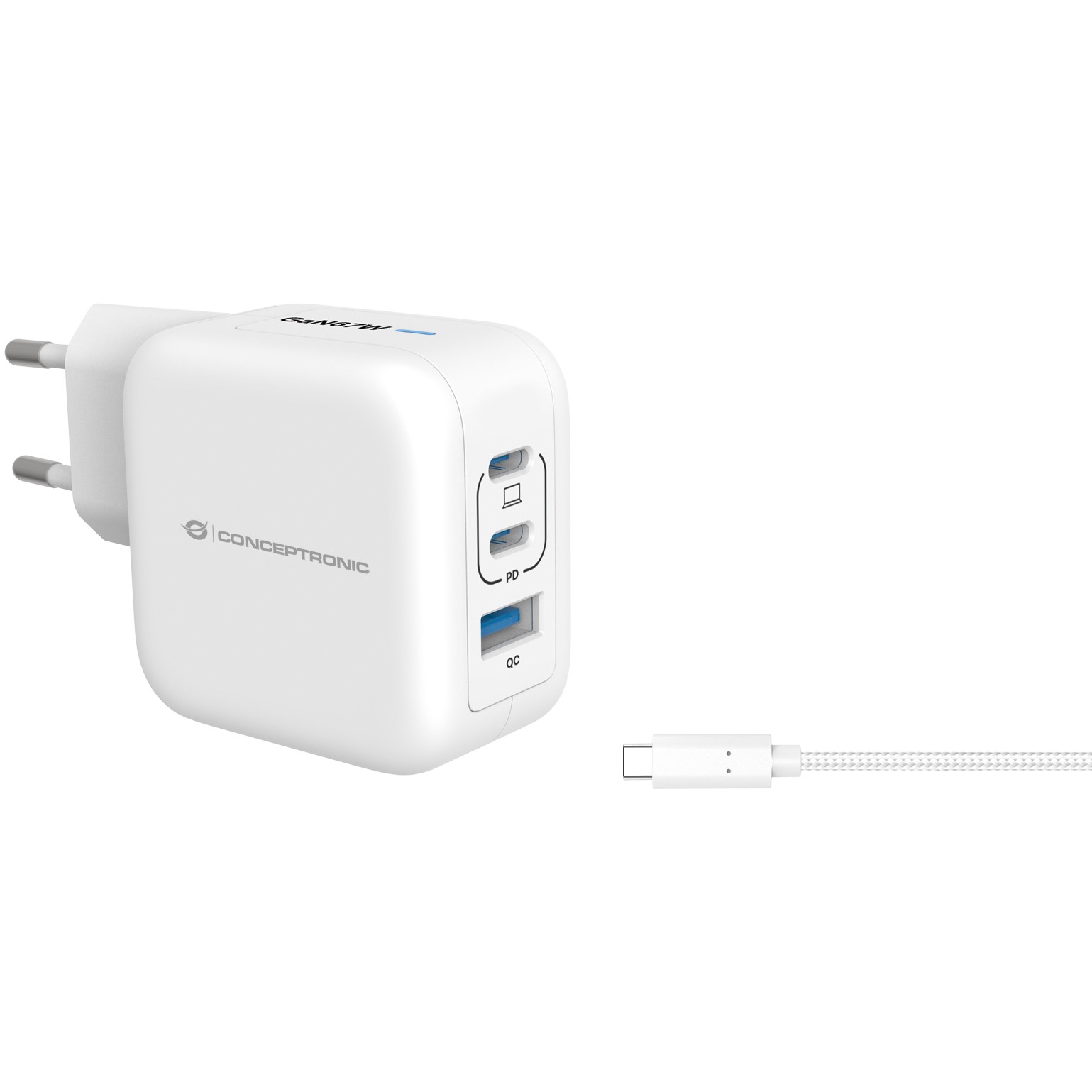 CONCEPTRONIC Ladegerät 3Port GaN 2xUSB-C/1xA 67WPD3.0/PPS ws