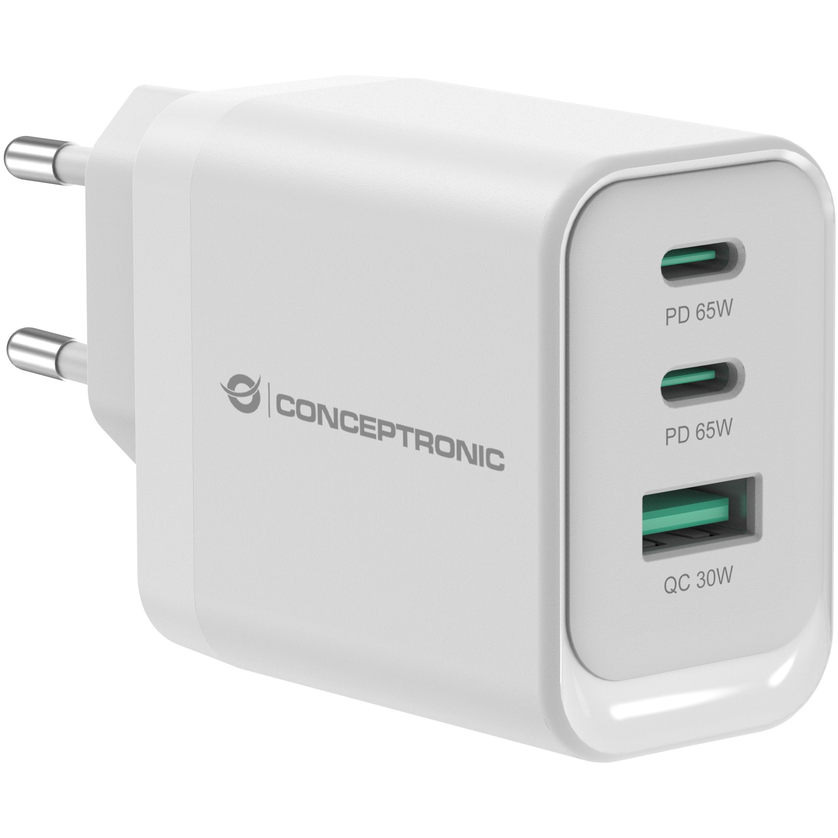 CONCEPTRONIC Ladegerät 3Port GaN 2xUSB-C/1xA 65WPD3.0/PPS ws