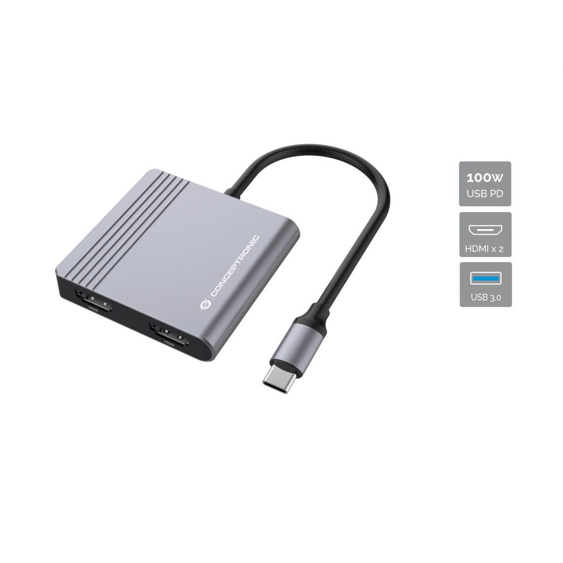 CONCEPTRONIC 4-1 Dock USB-C->2xHDMI/USB-A/100WPD 25cm gr